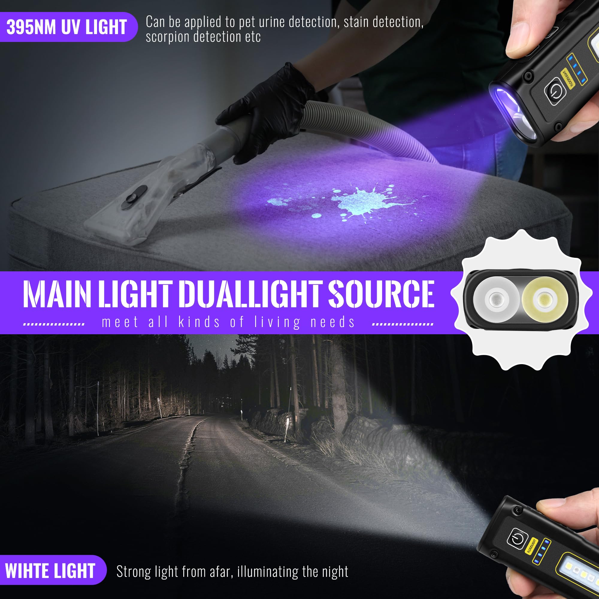 Vmtenmv Flashlight Uv Light 395Nm, Blacklight Edc Flashlights Mini Led High Lumen Usb -C Rechargeable Portable With Magnetic Base, Cob White & Red Light, Output Emergency Power, For Pet Urine, Resin Curing