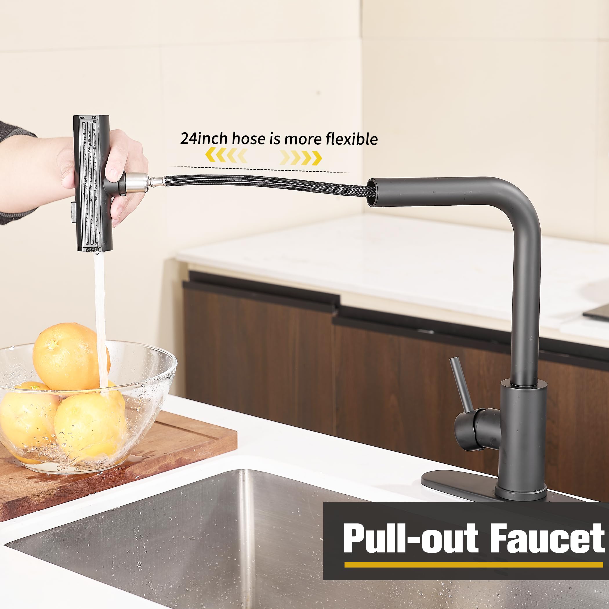 Fransiton Waterfall Kitchen Sink Faucet With Pull Down Sprayer, 3 Modes(Sweep/Stream/Waterfall) Rotary Switch Stainless Steel Commercial Modern Faucet For Kitchen Sink Single Handle Black Sink Fuacet