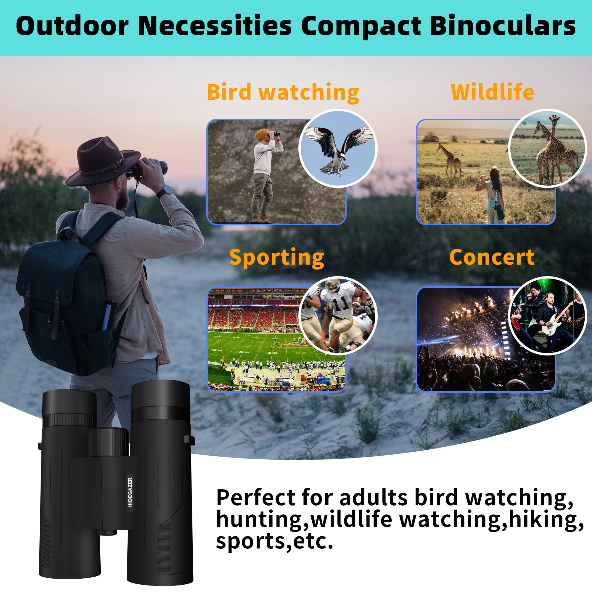 Hidegazer Binoculars For Adults And Kids, Compact Binoculars High Powered,Large View Binoculars Low Light Night Vision，Hunting Binoculars For Birds Watching,Sightseeing,Travel,Concert,Outdoor Sports