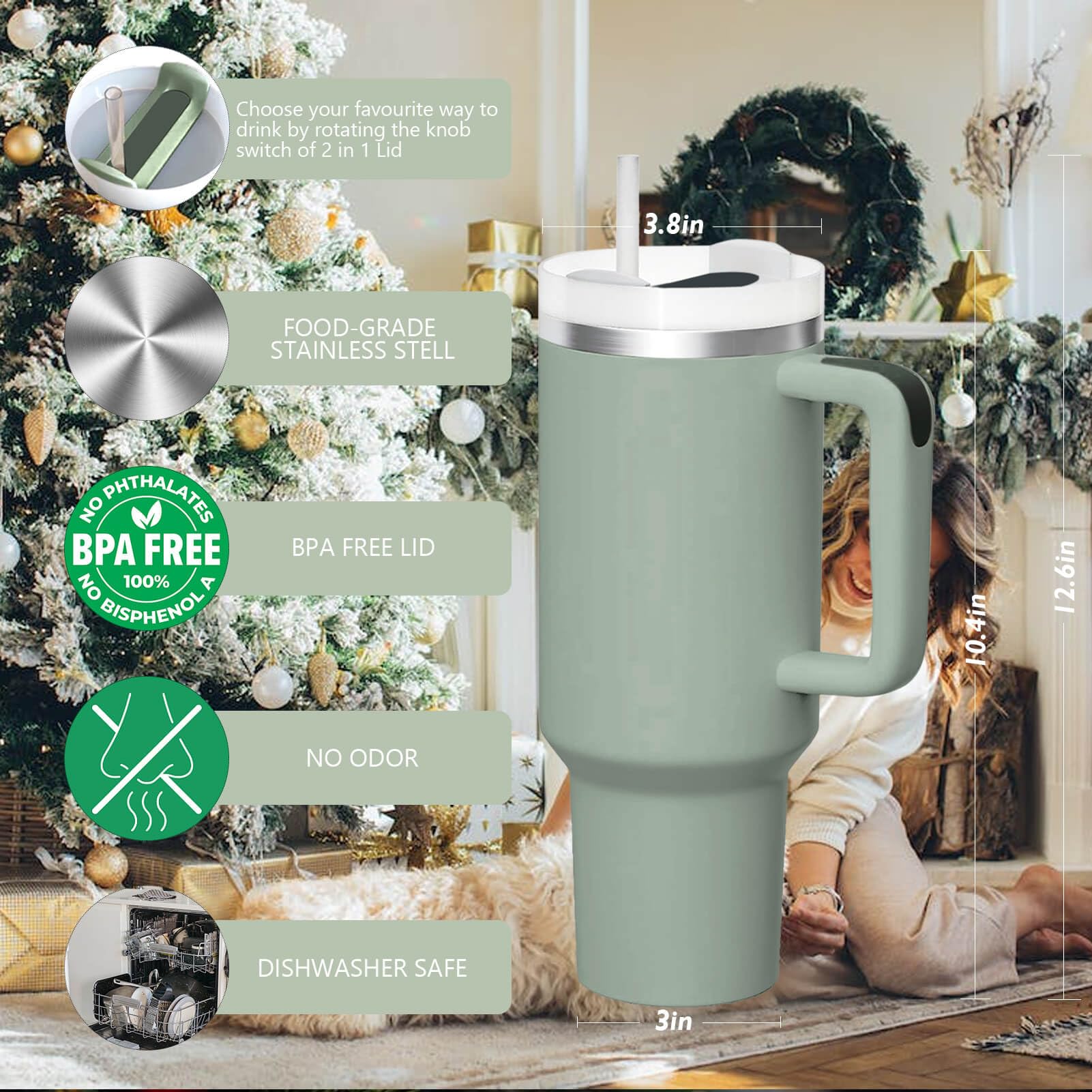 Insulated 40 Oz Tumbler With Handle And Straw Lid Double Wall Stainless Steel Water Bottle Cup
