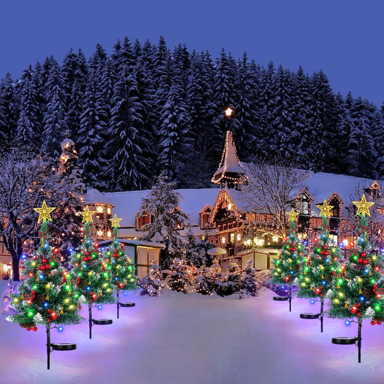 Ourwarm 2Pcs Solar Christmas Tree Lights Outdoor Decorations, 20 Leds Path Lights 8-Mode Flickering, Small Mini Solar Christmas Tree For Outside Yard Pathway Garden Grave Cemetery Xmas Decor