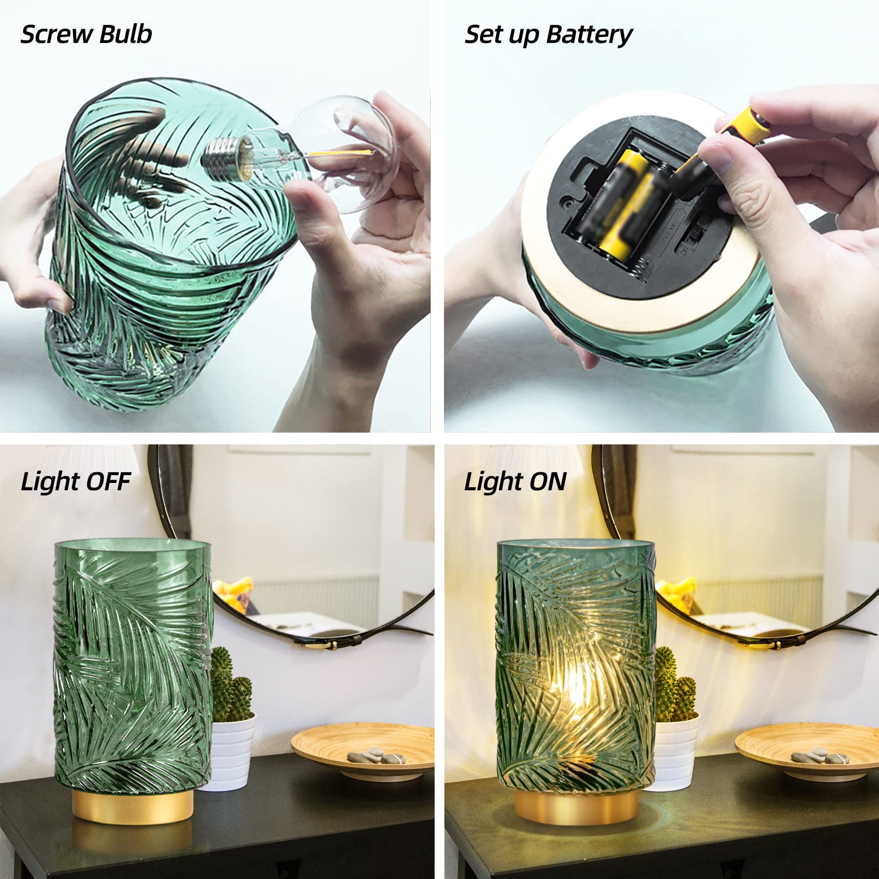 Mj Premier Battery Operated Table Cordless Lamps For Home Decor, Nightlight With Led Bulb With Timer, Decorative Lights For Living Room Bedroom Tabletop Entryway Centerpiece (L Green)