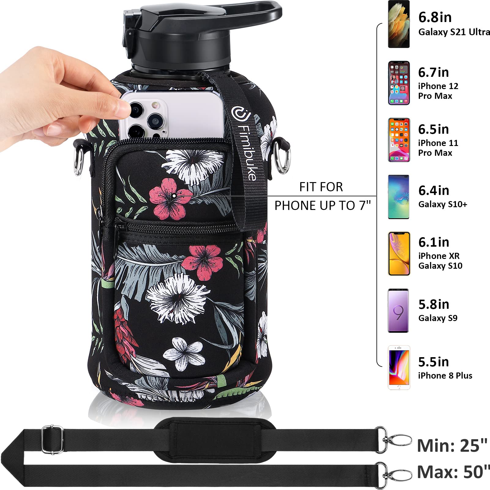 Fimibuke Half Gallon Water Bottle With Sleeve 64 Oz Water Bottle With Handle & Straw Leakproof