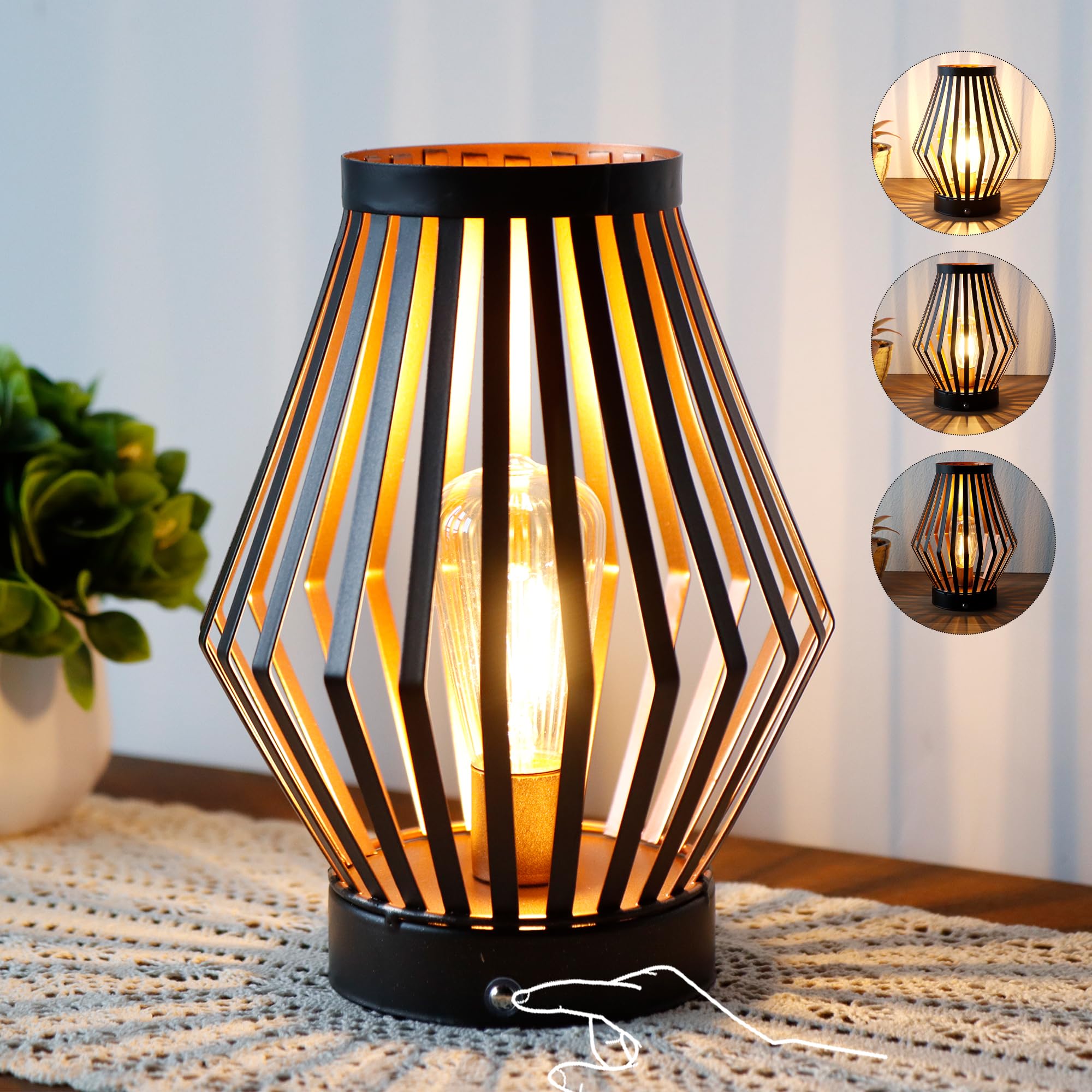 Jhy Design Dimmable Touch Bedside Table Lamp 8.5''H Rechargeable Metal Cage Lantern With Led Edison Style Bulb Cordless Accent Lamp For Weddings Parties Patio Events For Indoors Outdoors