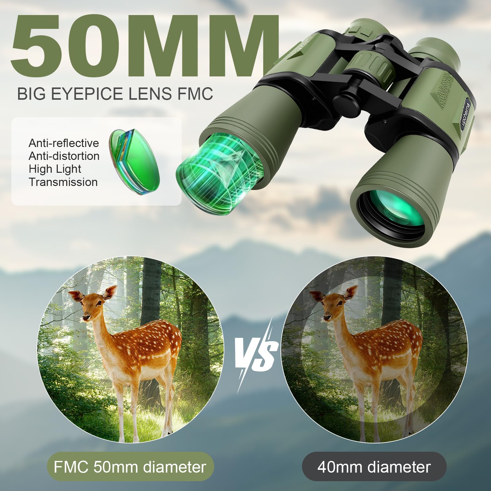 Upcheirna 20X50 High Zoom Adult Binoculars High Power With Phone Adapter, Low Light Night Vision, Lightweight & Portable For Bird Watching, Hunting, Stargazing(Green)