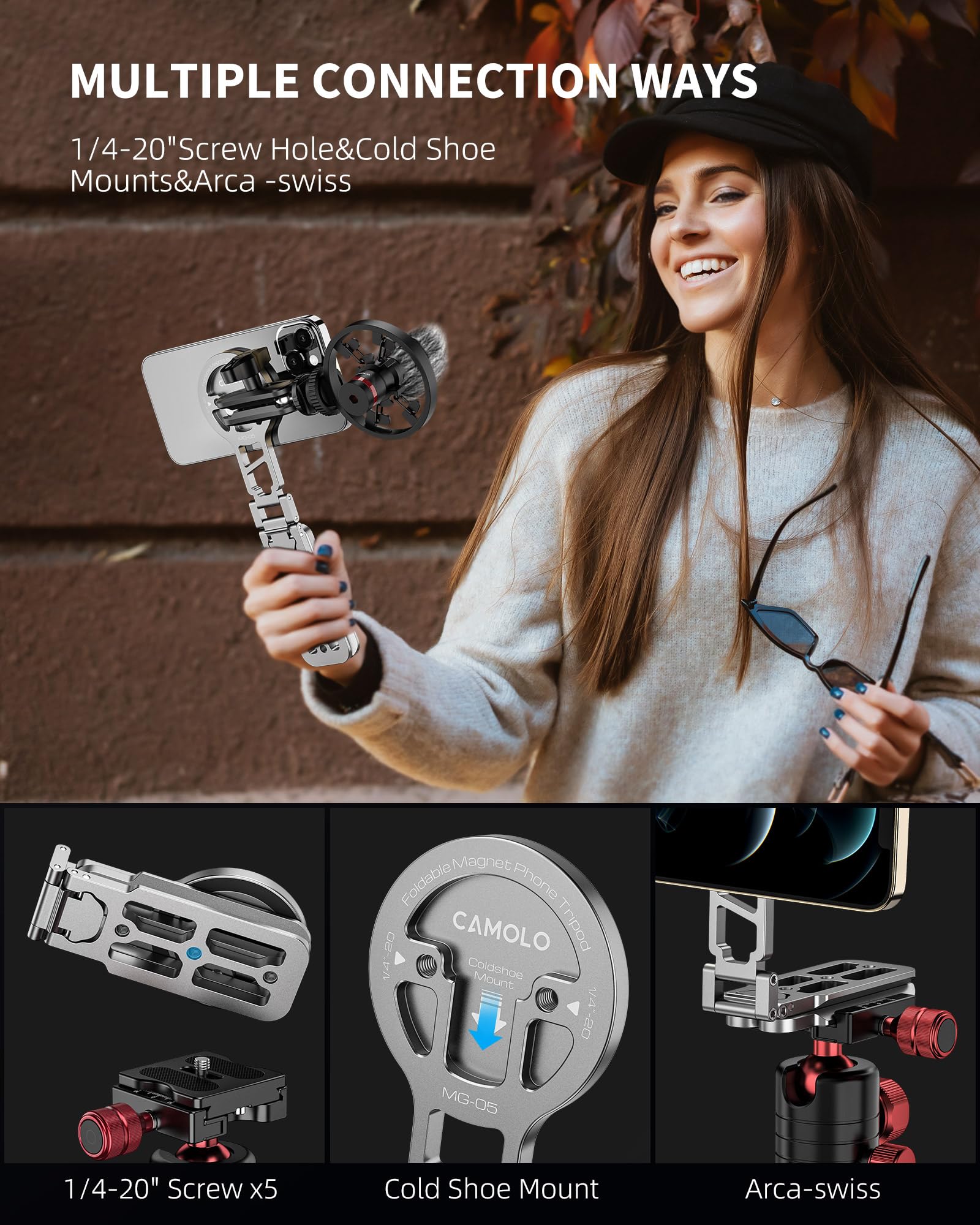 Camolo Magsafe Tripod, Foldable Phone Holder, Desk Stand, Arca-Swiss & Cold Shoe Mount For Iphone 16/15/14/13/12, Video & Travel