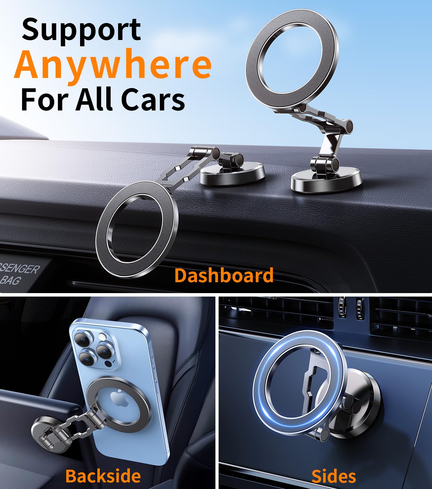 Kaistyle For Magsafe Car Mount【360° Adjustable】 Magnetic Phone Holder For Car Holder Mount【All-Metal】 Foldable Cell Phone Holders For Your Car Dash For Iphone 16 Pro Max 15 14 13 12 Plus Mini