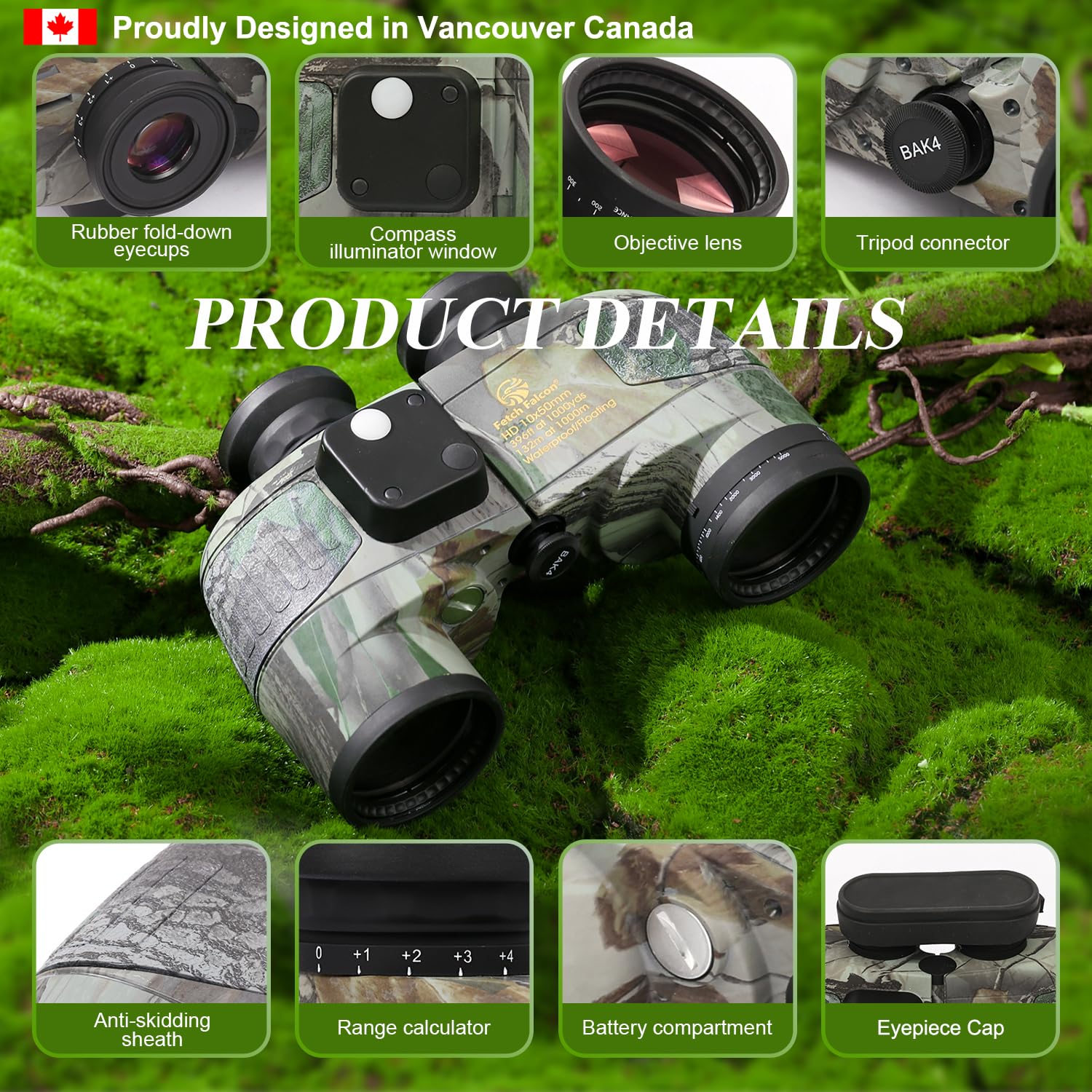 Fetchfalcon Fetch Falcon10X50 Military Nitrogen Filled Binoculars Bak4 Fmc Ipx7 Waterproof Compact Binoculars For Adults High Powered For Travel,Marine,Bird Watching And Outdoor Sports (Camo Maple Leaf Compass)