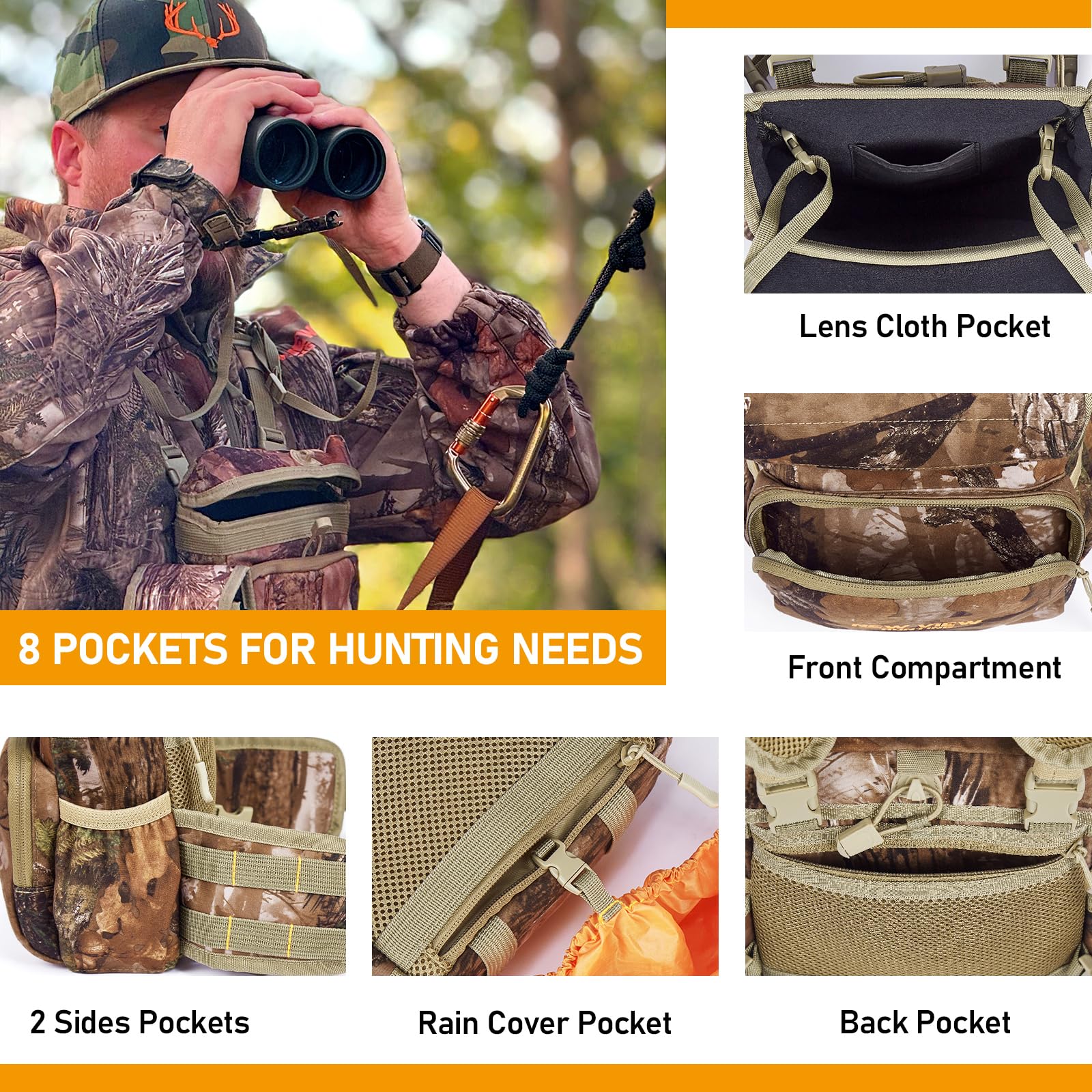 Binocular Harness Chest Pack With Detachable Rangefinder Pouch, Adjustable Bino Harness & Rain Cover, Ideal For Hunting, Hiking - Camo & Quiet L