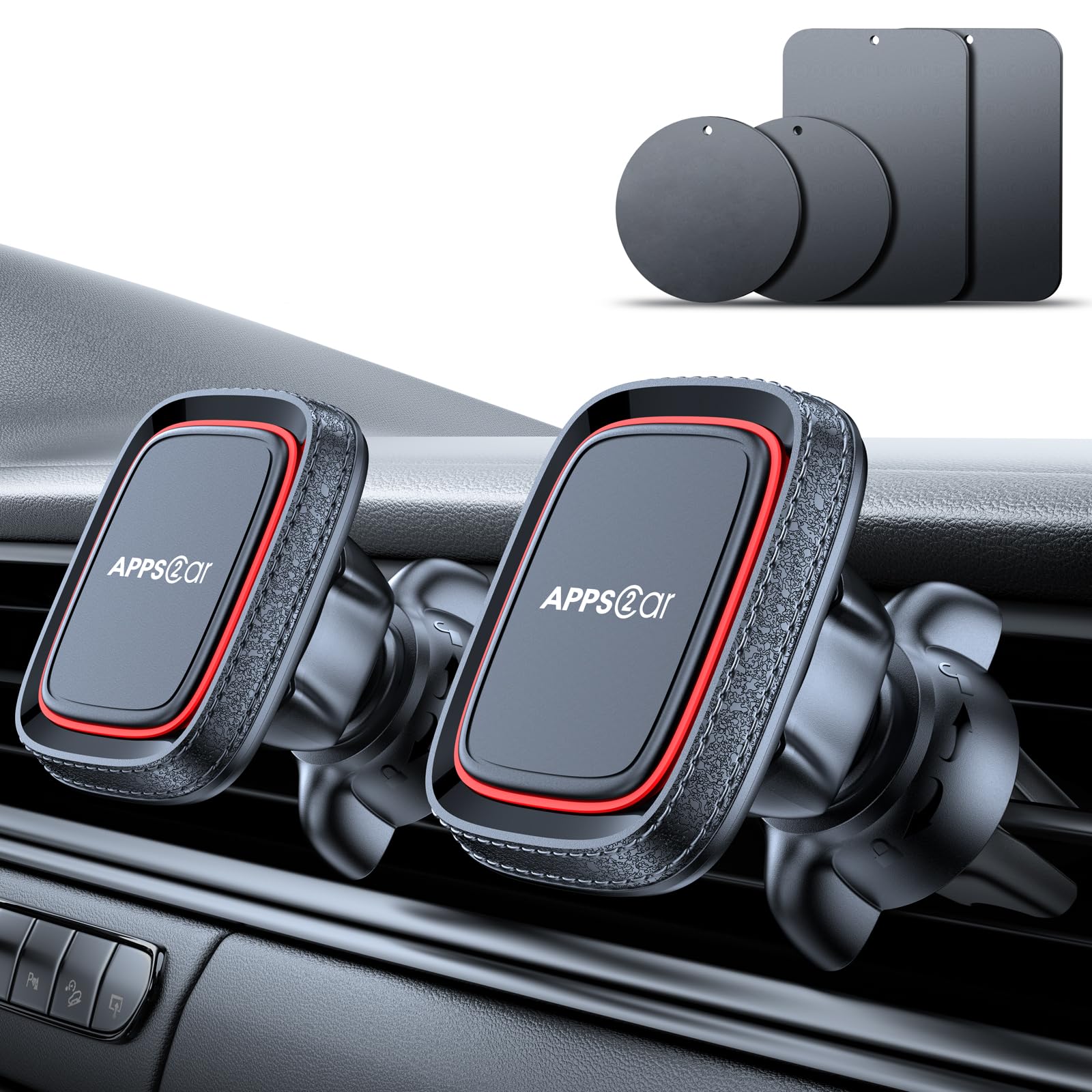Apps2Car 2 Pack Magnetic Phone Car Mount, Car Phone Holder Mount Magnetic, Built In 6 Strong Magnets, Air Vent Cell Phone Holder For Car With Adjustable Secure Tightening System