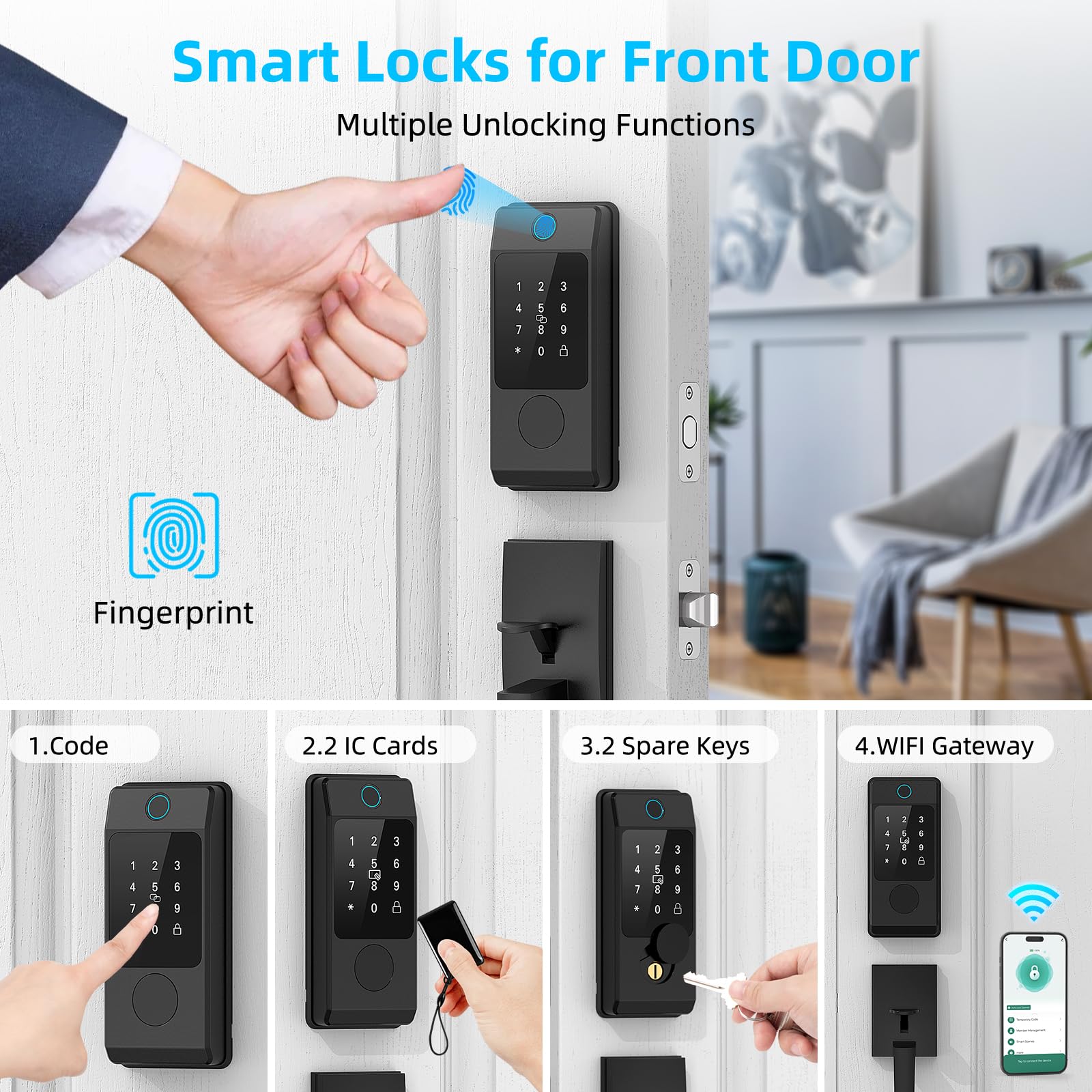 Miuedo Wifi Front Door Lock Sets With Handle, Fingerprint Keyless Entry And Smart Keypad With Lever Handles, Electronic Screen+Wifi Gateway, App Control, Auto-Lock, Voice Control