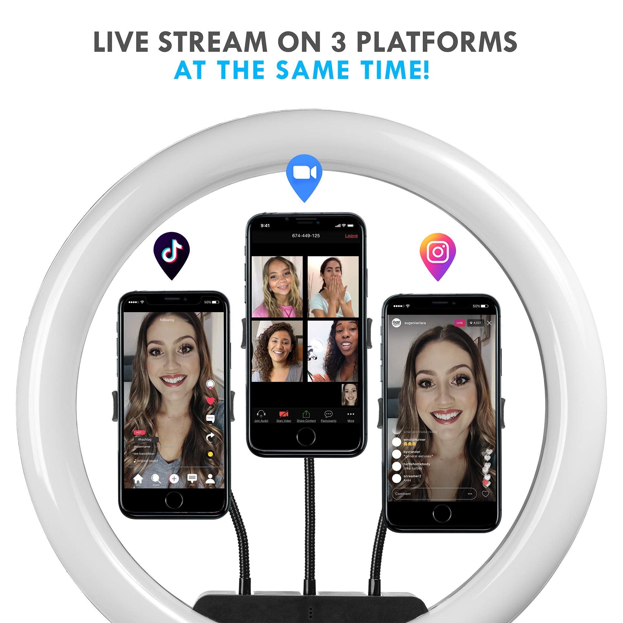 Aduro U-Stream 18" Inch Ring Light Tripod Stand Tall Ringlight With 3 Phone Holders For Vlog Live Stream Videos Makeup Youtube Video Beauty Ring Light Pro With Stand Extendable Phone Tripod
