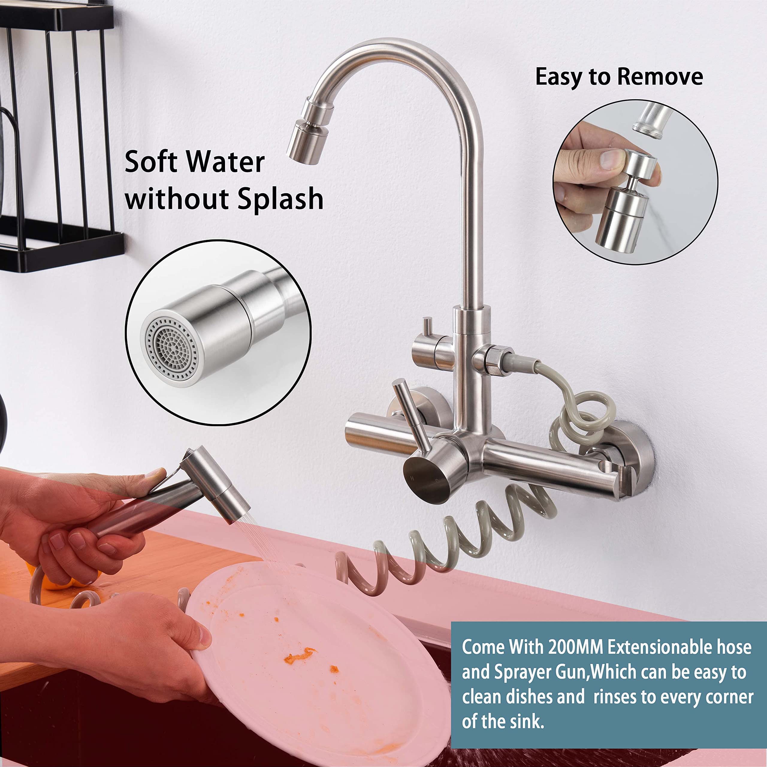 Vosomgssa Brushed Nickel Wall Mount Kitchen Faucet - 8 Inch, Swivel Spout, Spray & 2 Water Jets