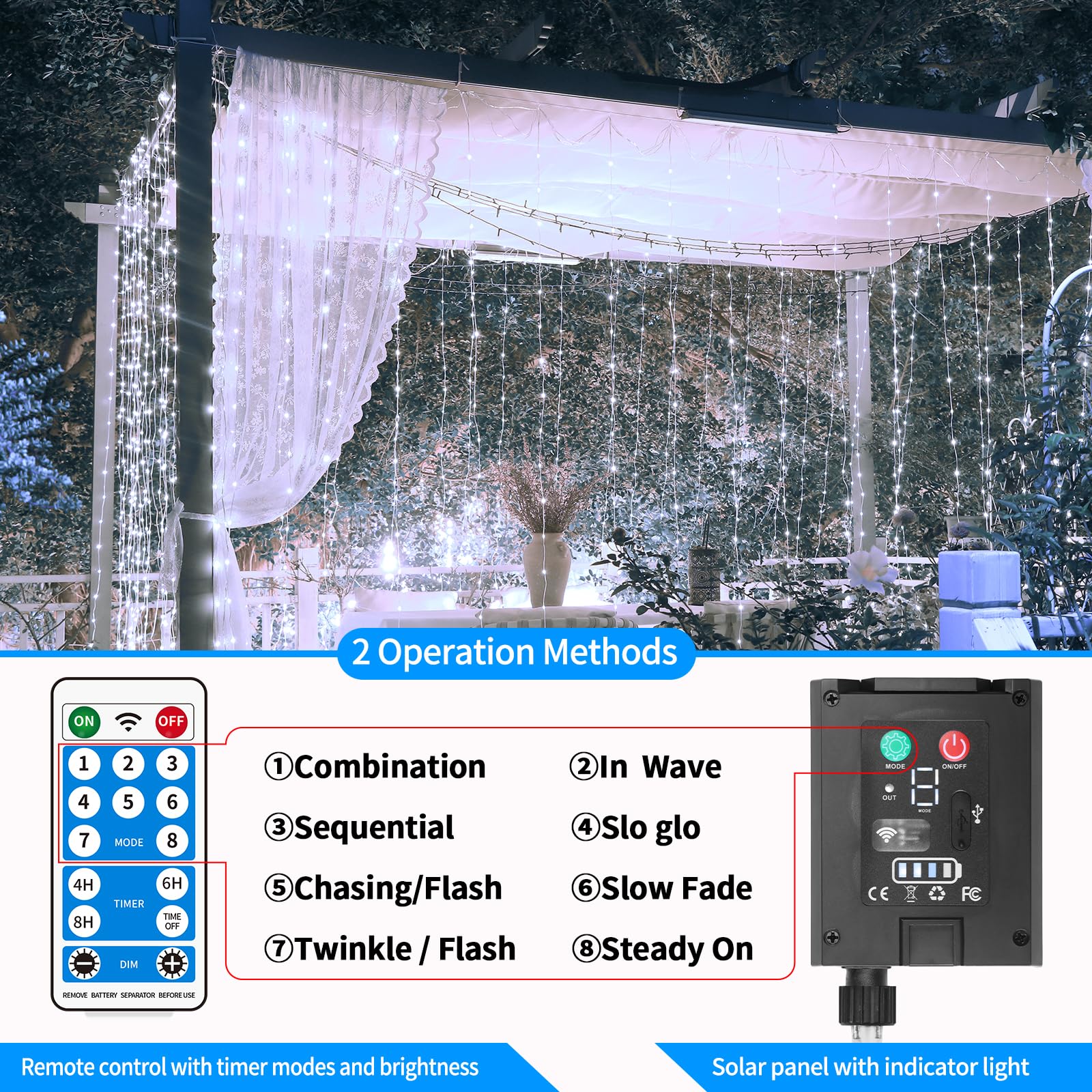 Qlirjad Solar Curtain Lights 1010Ft 300Led Waterproof Waterfall Light With 8 Modes Remote Type C Charging Dimmable Timer Twinkle Fairy String Lights For Outdoor Christmas Gazebo Wedding Party Pergola Patio