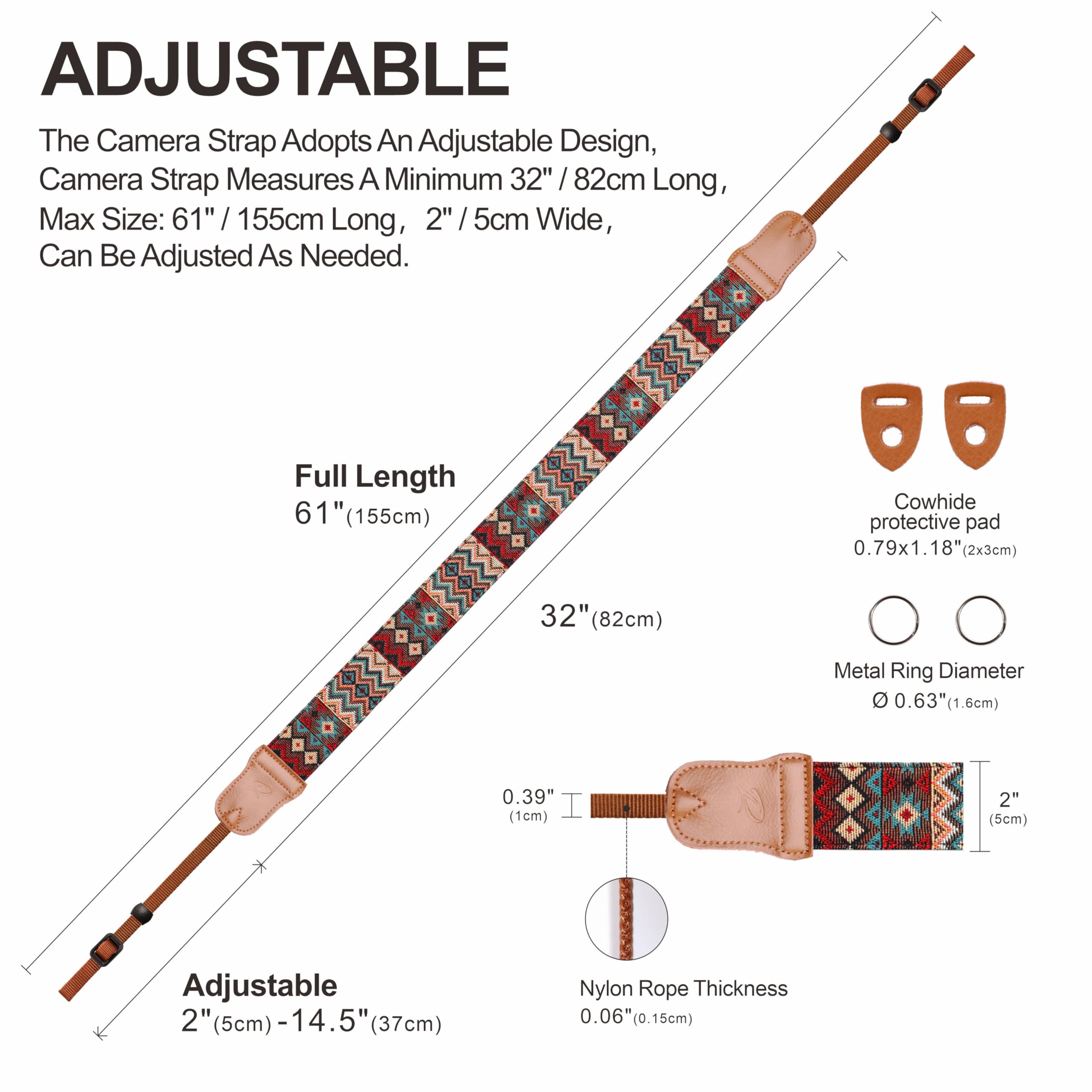 Padwa Lifestyle Camera Strap - 2" Cowhide Head Camera Straps For Photographers,Vintage Jacquard Embroidery Woven Cotton Adjustable Shoulder Neck Straps For Cameras,Binoculars（Cool Ethnic Style Brown）