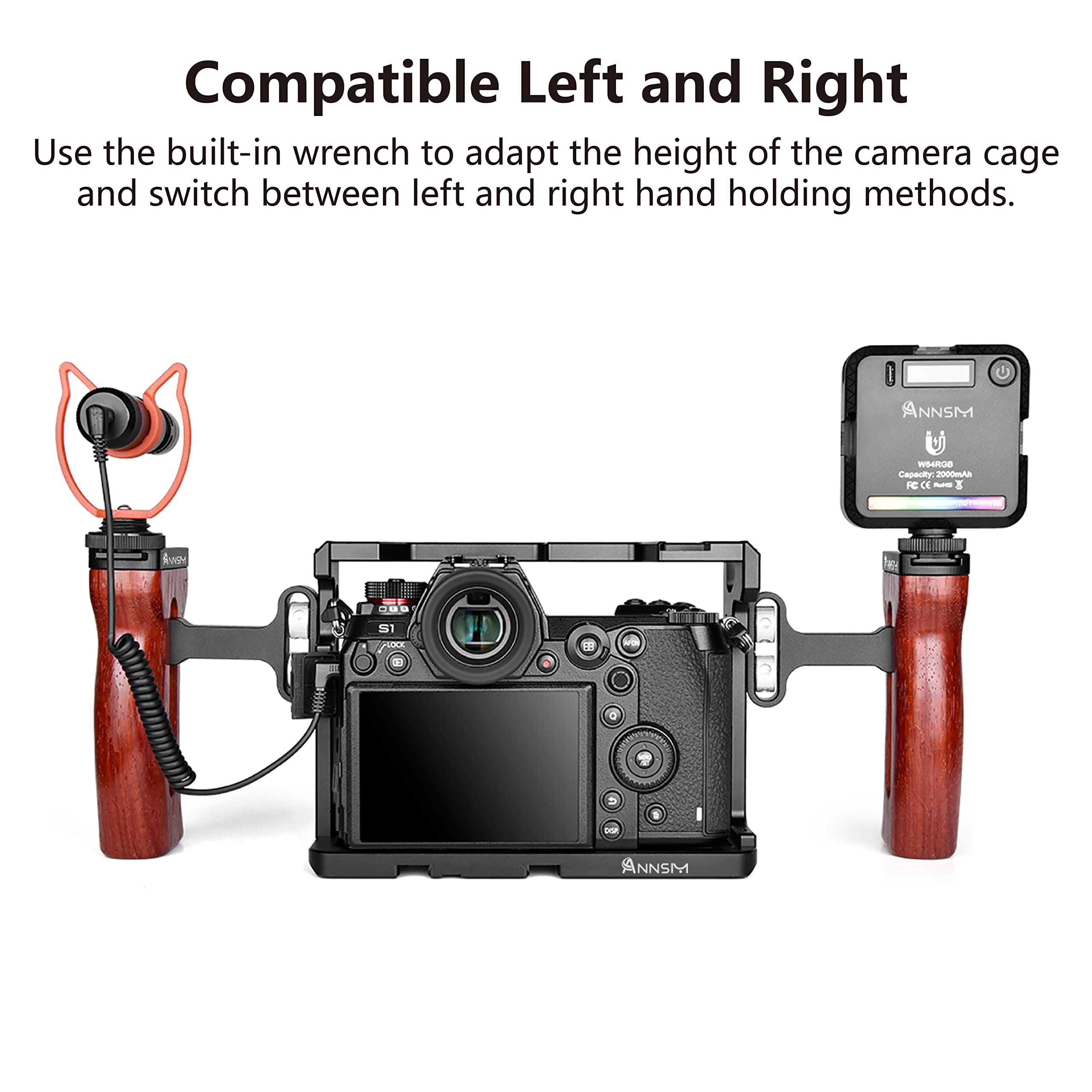 Annsm Side Wooden Handle Grip For Dslr Camera Cage, Cold Shoe Mount, Built-In Wrench, Threaded Holes, Left Right Compatible Iphone/Smartphone/Video Rig Videography/Camera Cage
