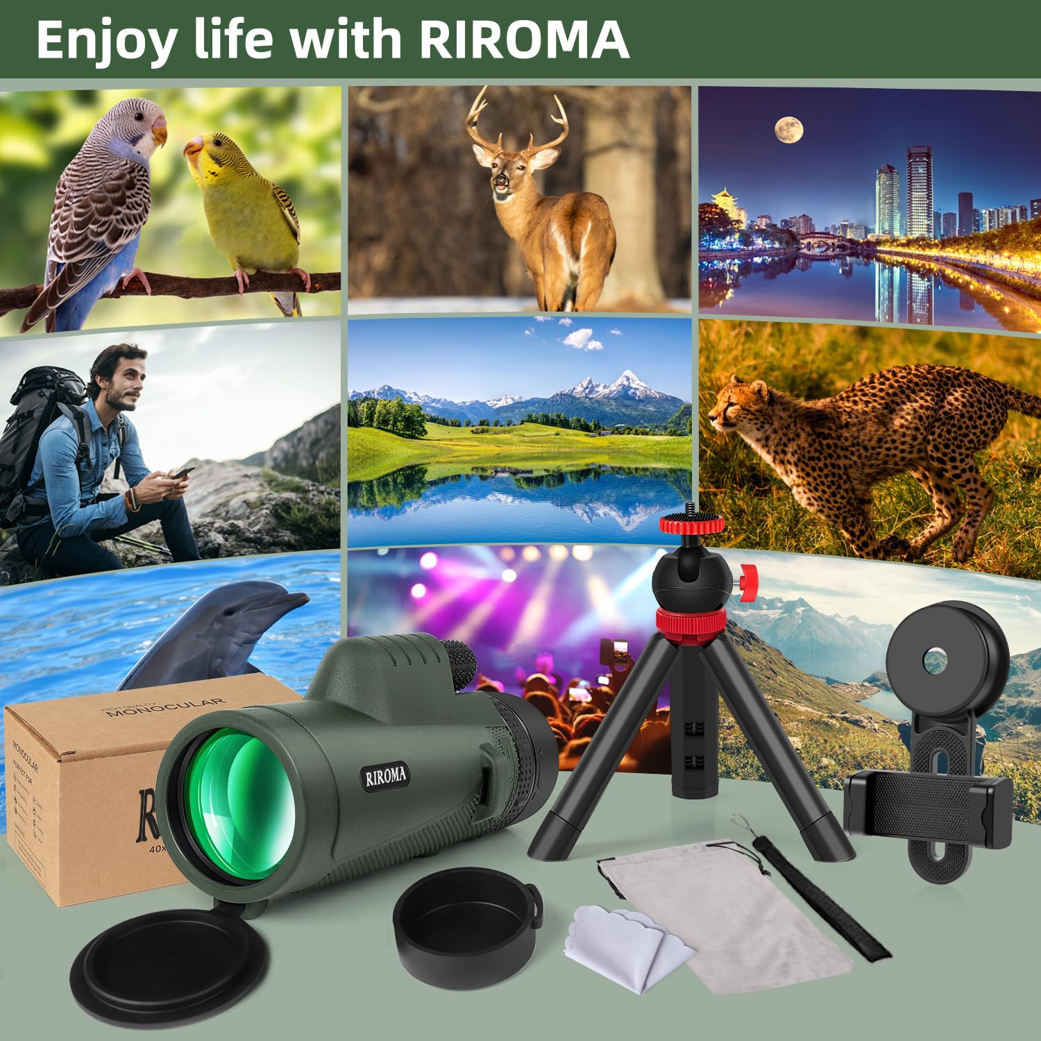 Riroma Monocular - Telescope 40X60 Hd Monocular With Smartphone Adapter Tripod & Portable Bag, Monoculars For Adults High Power With Bak4 Prism & Fmc Lens, Suitable For Bird Watching Hunting Hiking Camping