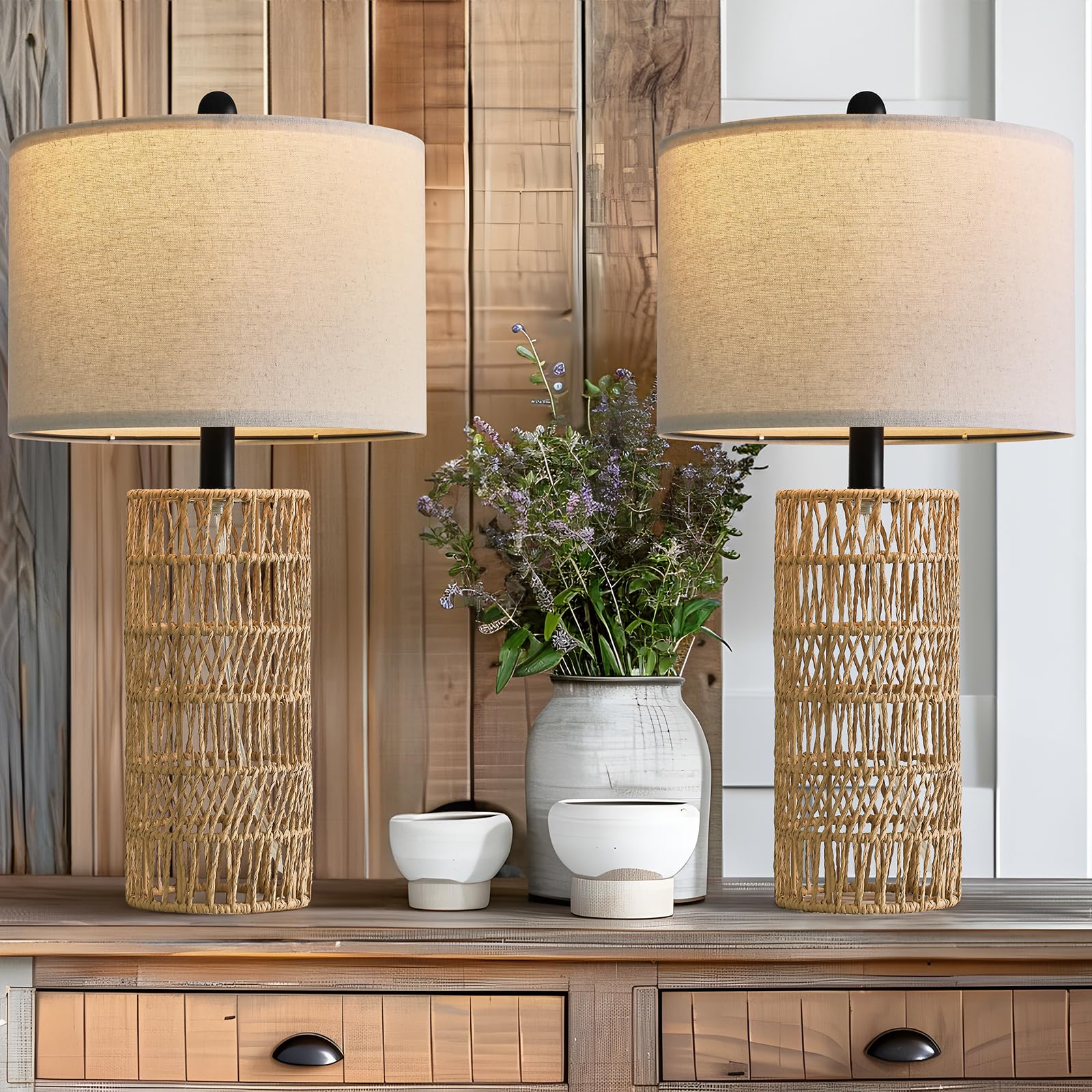 Oyears 22.5" Boho Table Lamps Set Of 2 For Living Room, Bedside Lamp For Nightstands, Rattan Lamp For Bedroom, Farmhouse Table Lamp For Room Decor, End Table, Retro, Brown（Not Include Bulbs）