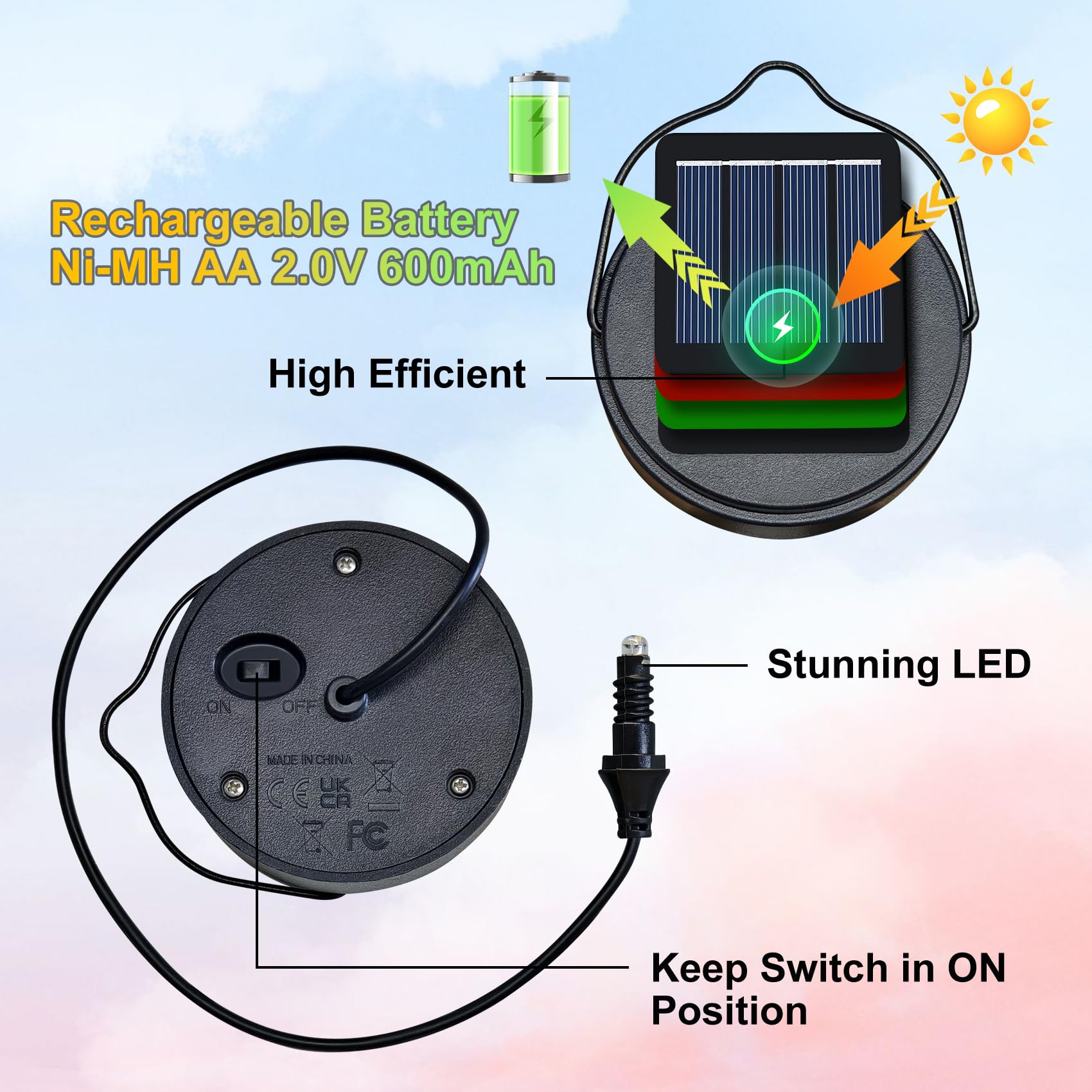 Homeimpro 2Pack Solar Lights Top Replacement With Rechargeable Battery Aa 600Mah For Solar Lantern Lights, Garden,Patio, Yard Christmas Decorations