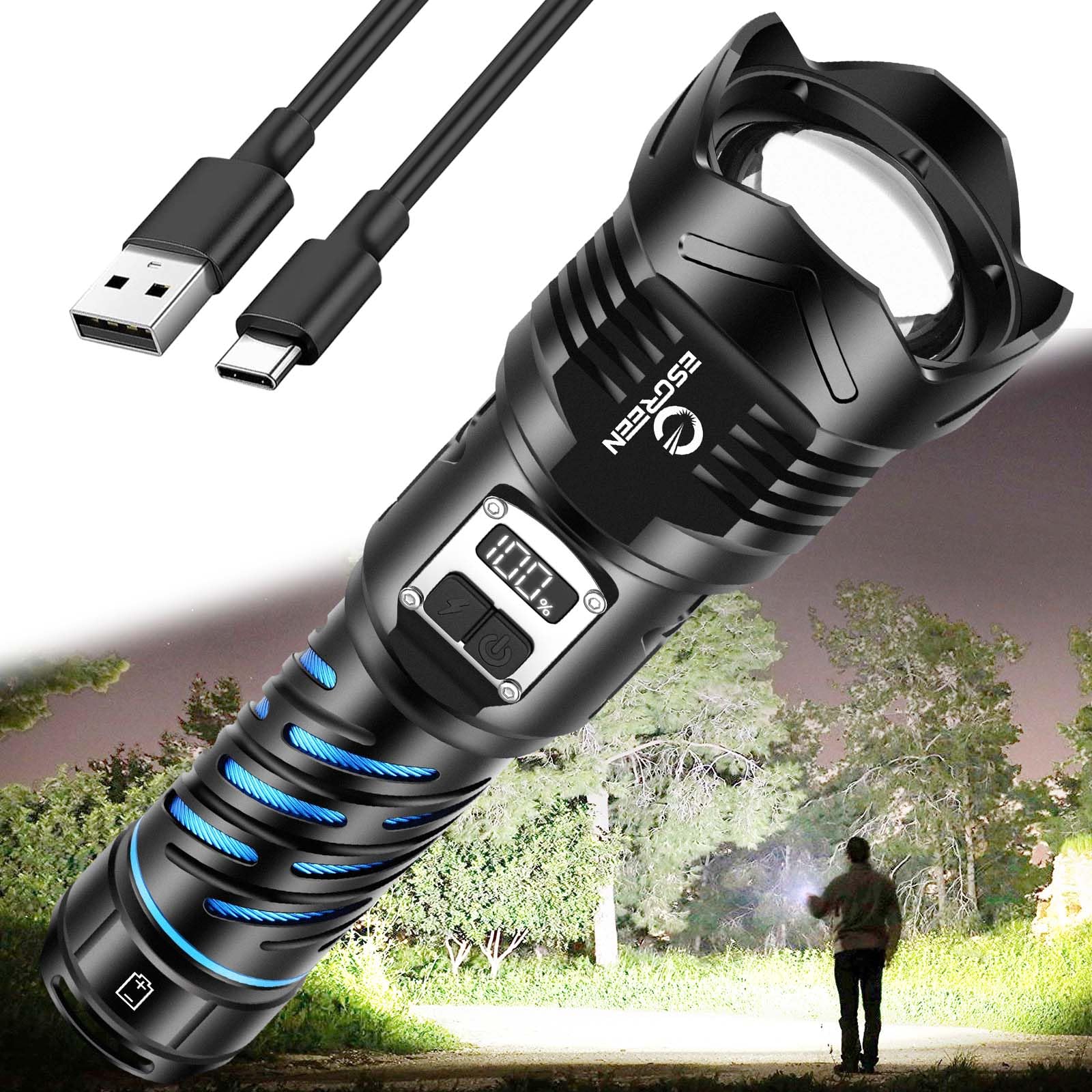 Esgreen Super Bright Rechargeable Flashlights High Brightness 1000000 Lumens, Powerful Long Range 5000 Ft Led Strong Big Flash Lights, Long Lasting Usb C, Lcd Digital Display, 5 Modes, Double Switches