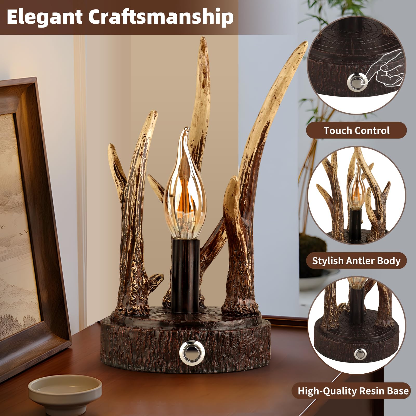 Lovlast Rustic Antler Table Lamp, 3-Way Dimmable Touch Lamp By - Farmhouse Cabin And Living Room Light, Perfect For Small Spaces And Christmas Decor