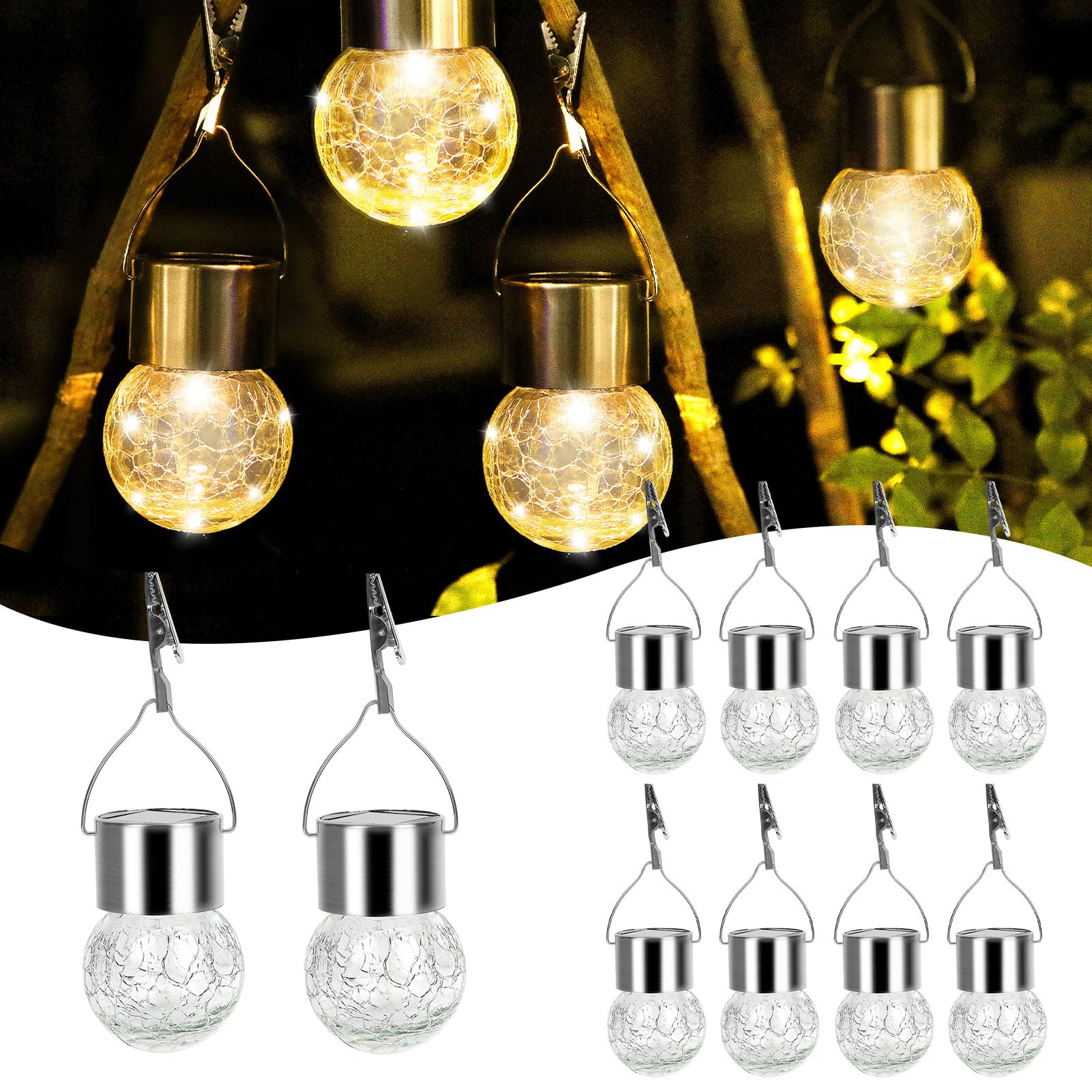 Jkimk Hanging Solar Lights For Outside Waterproof,Hanging Tree Lights Outdoor,Crackle Glass Ball Solar Lantern With Hook 10 Pack For Yard,Garden Balcony Patio Party Decoration