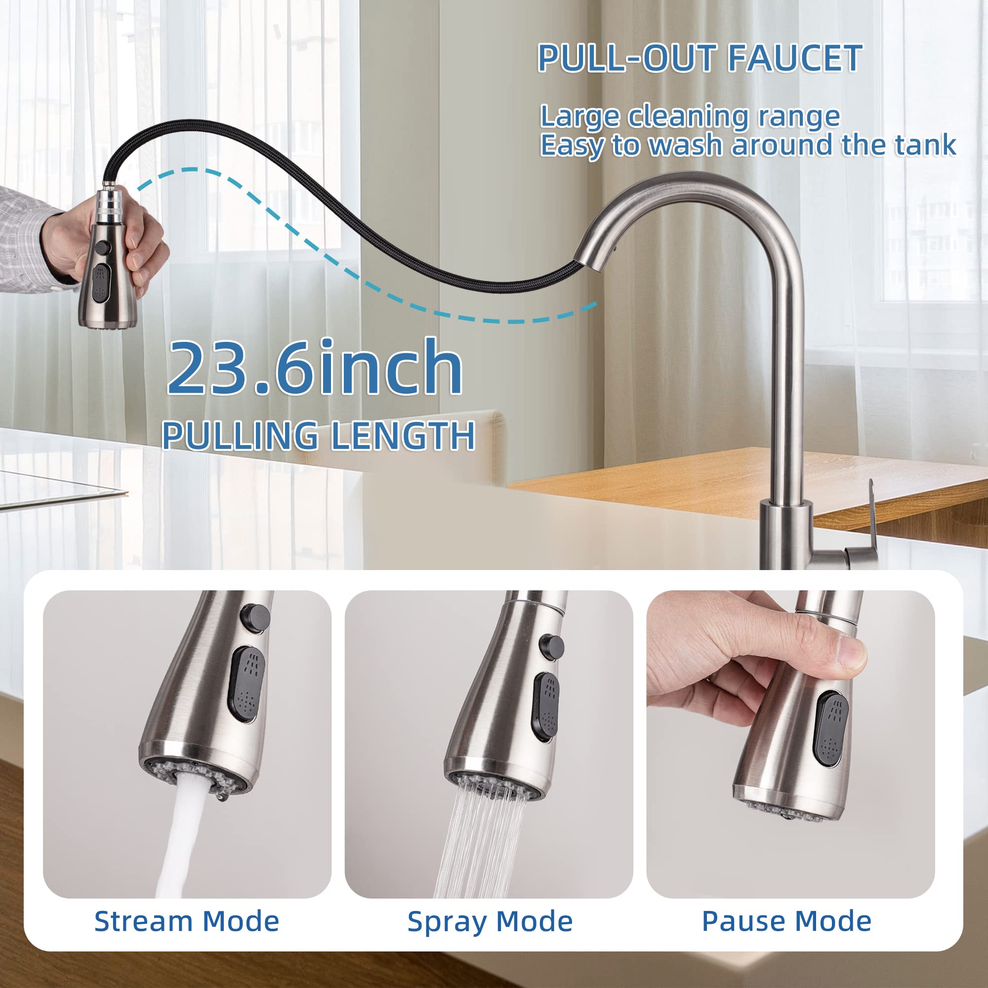Ruhekⅴ Kitchen Sink Faucet With Pull Down Sprayer，Utility Rv Bar Sinks Deck Plate Home Handle Stainless Steel 360 High Arc Brushed Nickel Out Kitchens Tap Faucets (Silver)