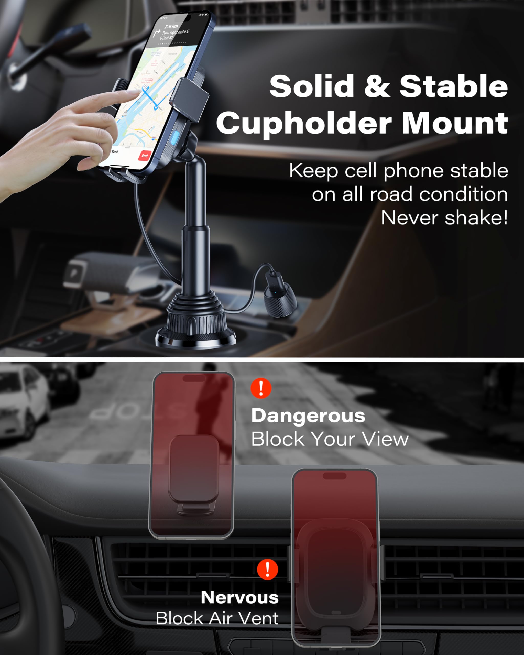 1Zero Auto Clamping Wireless Car Charger Sturdy Cup Phone Holder Mount 15W Fast Charging For Iphone 16 15 Pro Max Plus 14 13 12 11 Xs X Samsung S24 Ultra S23 S22 S22 S21 S20 Pixel 8 Pro 7 6 5 4