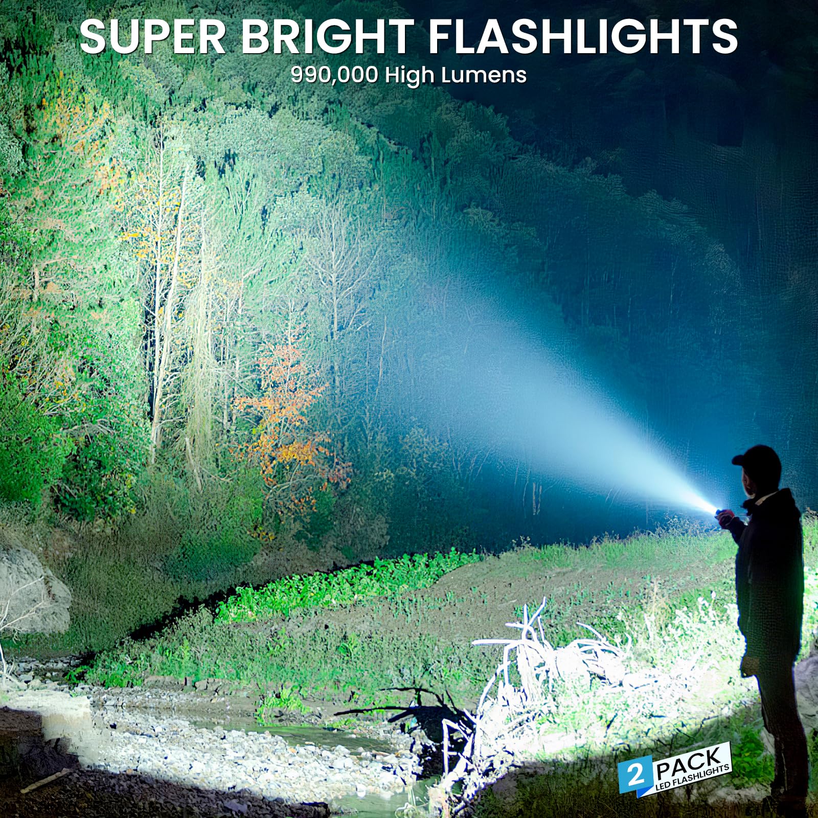 Gdplus Rechargeable Flashlight 990000 High Lumens, Super Bright Led Flashlight With 7 Modes, Waterproof Powerful Flash Light For Camping, Home, Emerge∩Cies (Black)