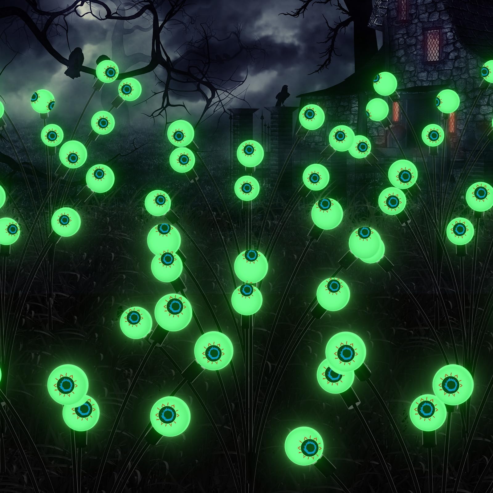 Lasgu Outdoor Solar Garden Lights (4 Pack), Scary Eyeball Leds (32), Spooky Outdoor Decor For Yard And Patio (Green)