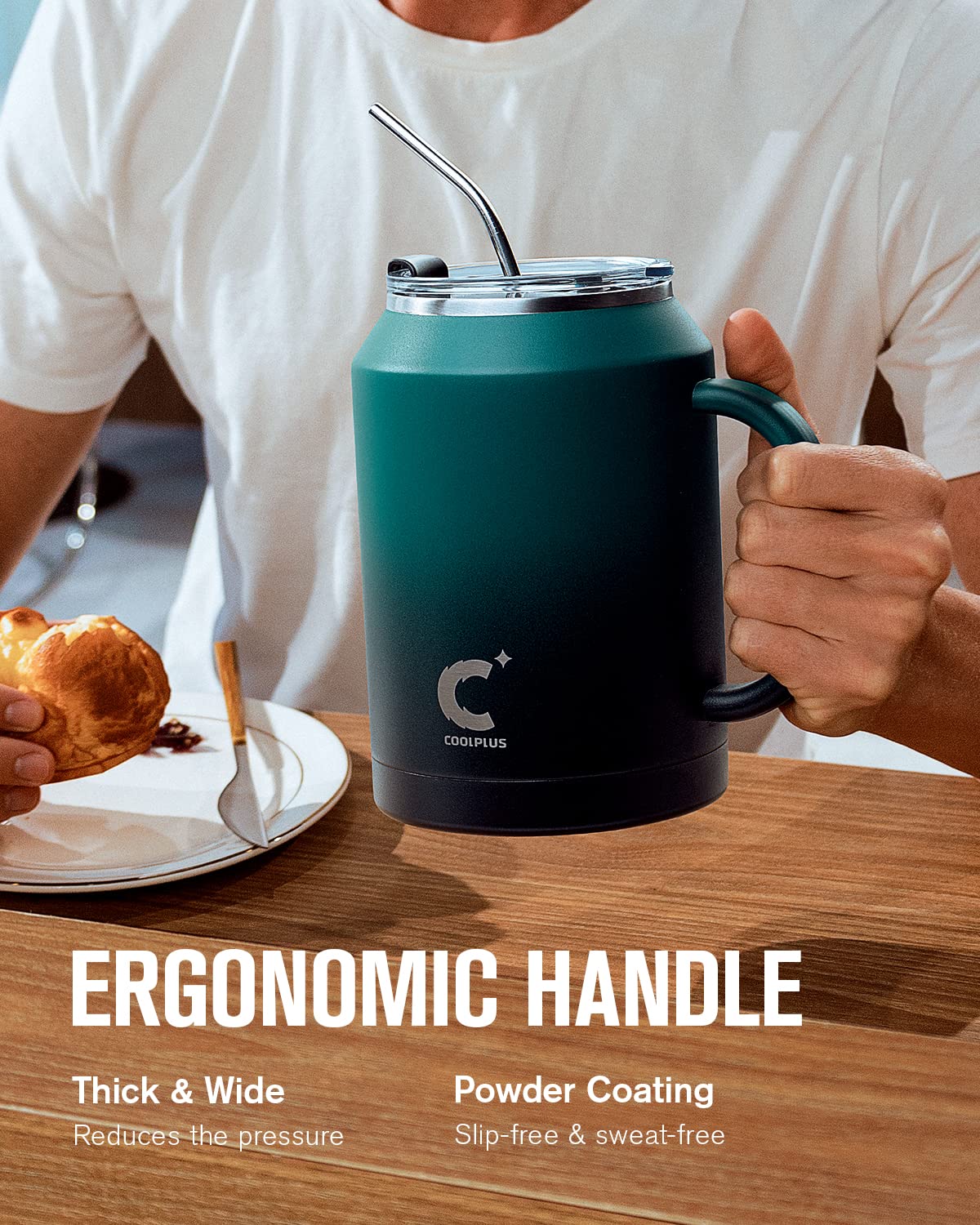 Coolplus 50 Oz Mug Tumbler With Handle And Straw, Large Stainless Steel Travel Insulated Water Cup