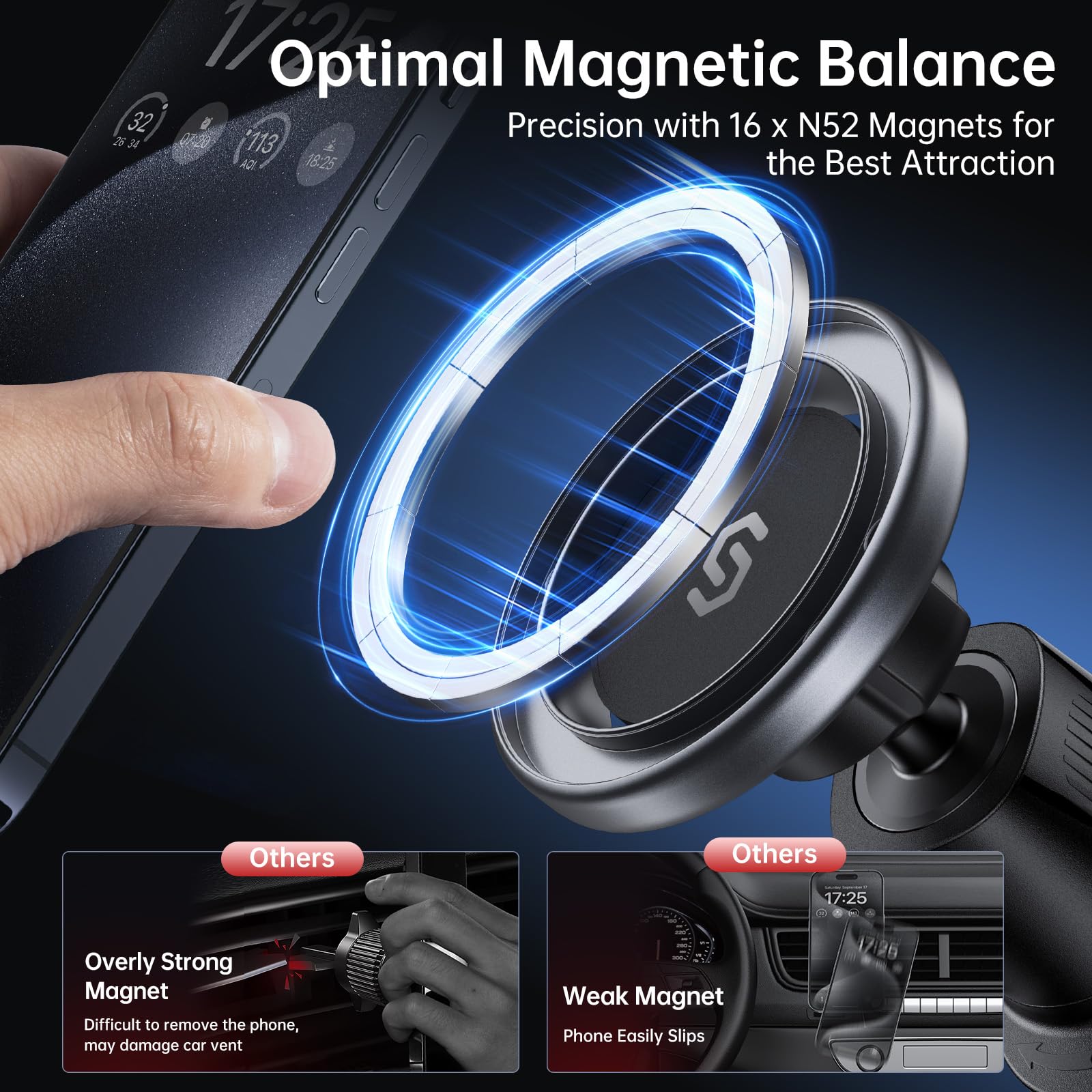 Syncwire For Magsafe Car Mount, Flexible Rotation Magnetic Phone Holder For Car Vent, Hands  Car Air Vent Phone Holder Clip Universal Compatible With Iphone 16 Pro Max 15 14 13 12 Magsafe Case