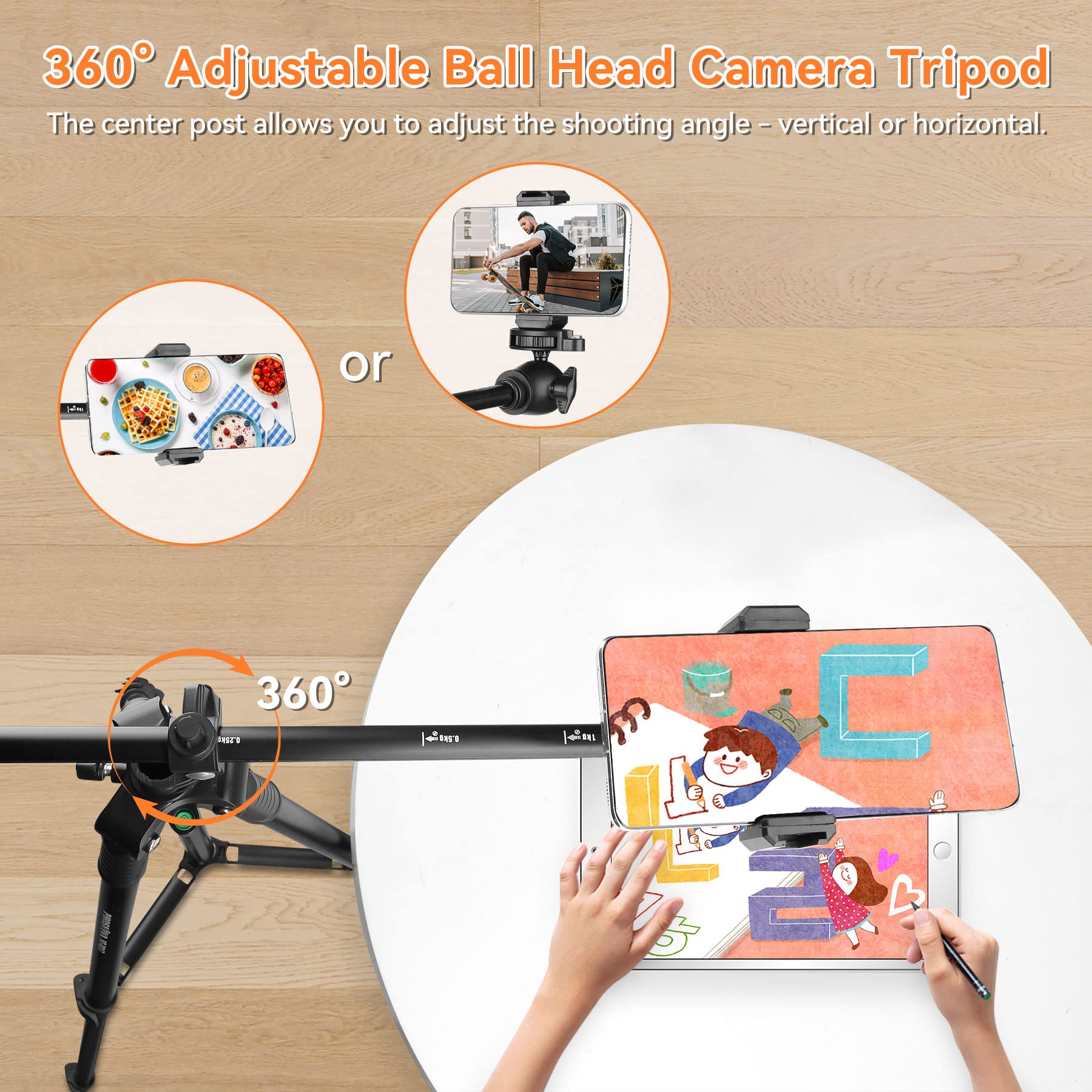 Phosnova 68" Cell Phone Tripod,Overhead Camera Tripod Stand With Remote,360° Rotation Horizontal Extendable Arm Iphone Stand For Recording/Webcam
