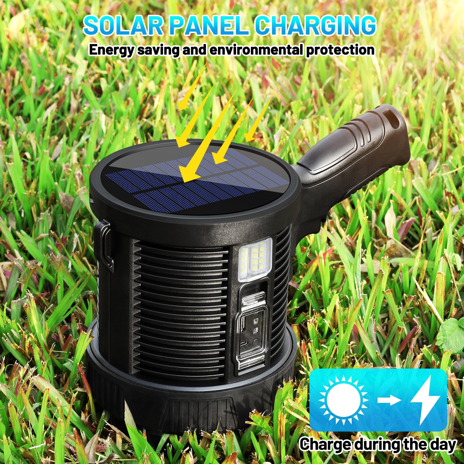 Crazybrace Spotlight Flashlight Outdoor, 990,000 Lumen Brightest Rechargeable Spotlight With Solar Panels & 6 Modes, Powerful Led Spotlights 30H Long Runtime, Large Handheld Spot Light For Boating Hunting