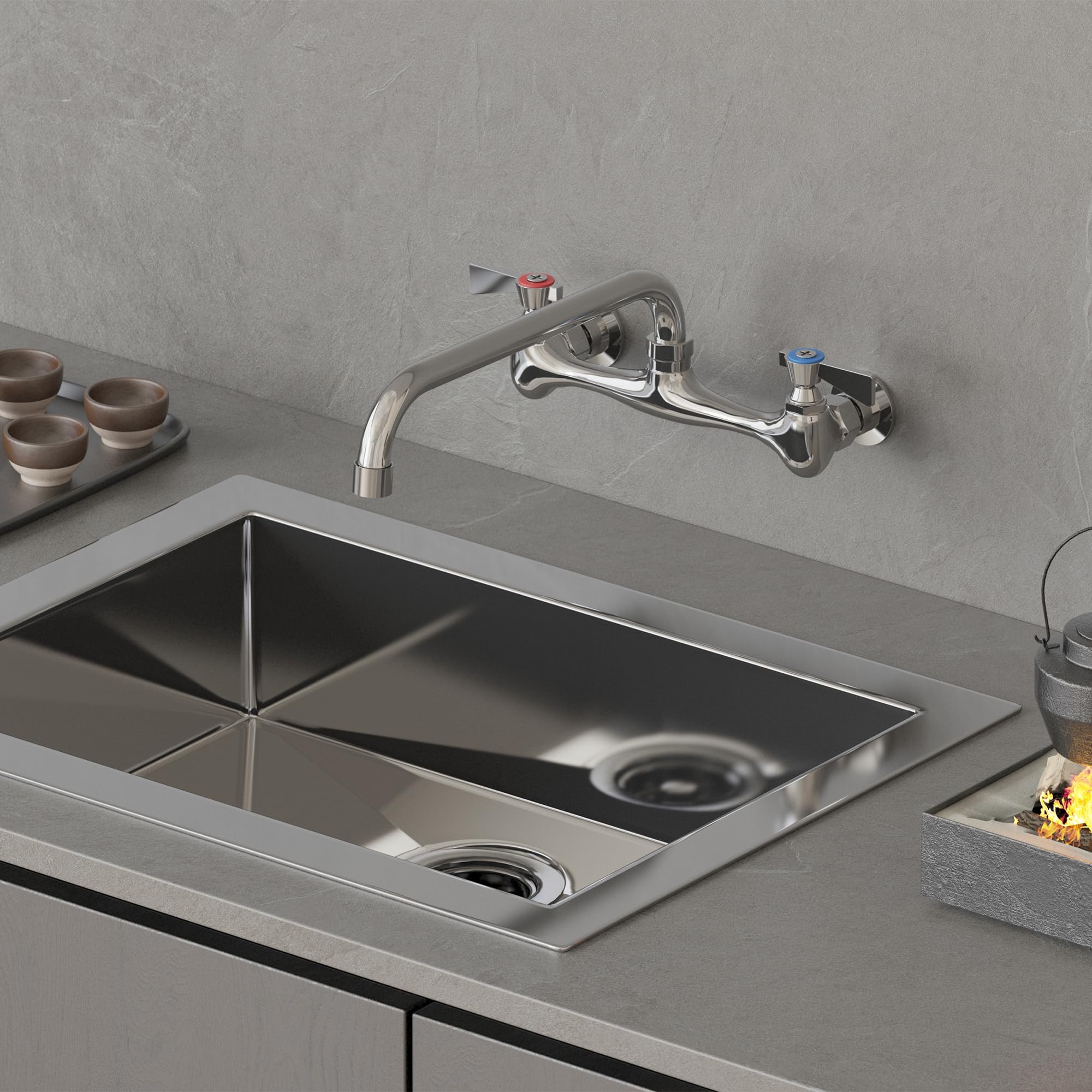 Gimili Wall Mount Commercial Sink Faucet With 12” Swivel Spout Polish Chrome Brass Utility Sink Faucet For Kitchen Laundry Restaurant Industrial Compartment Sink（Include 90 Degree Adapters）