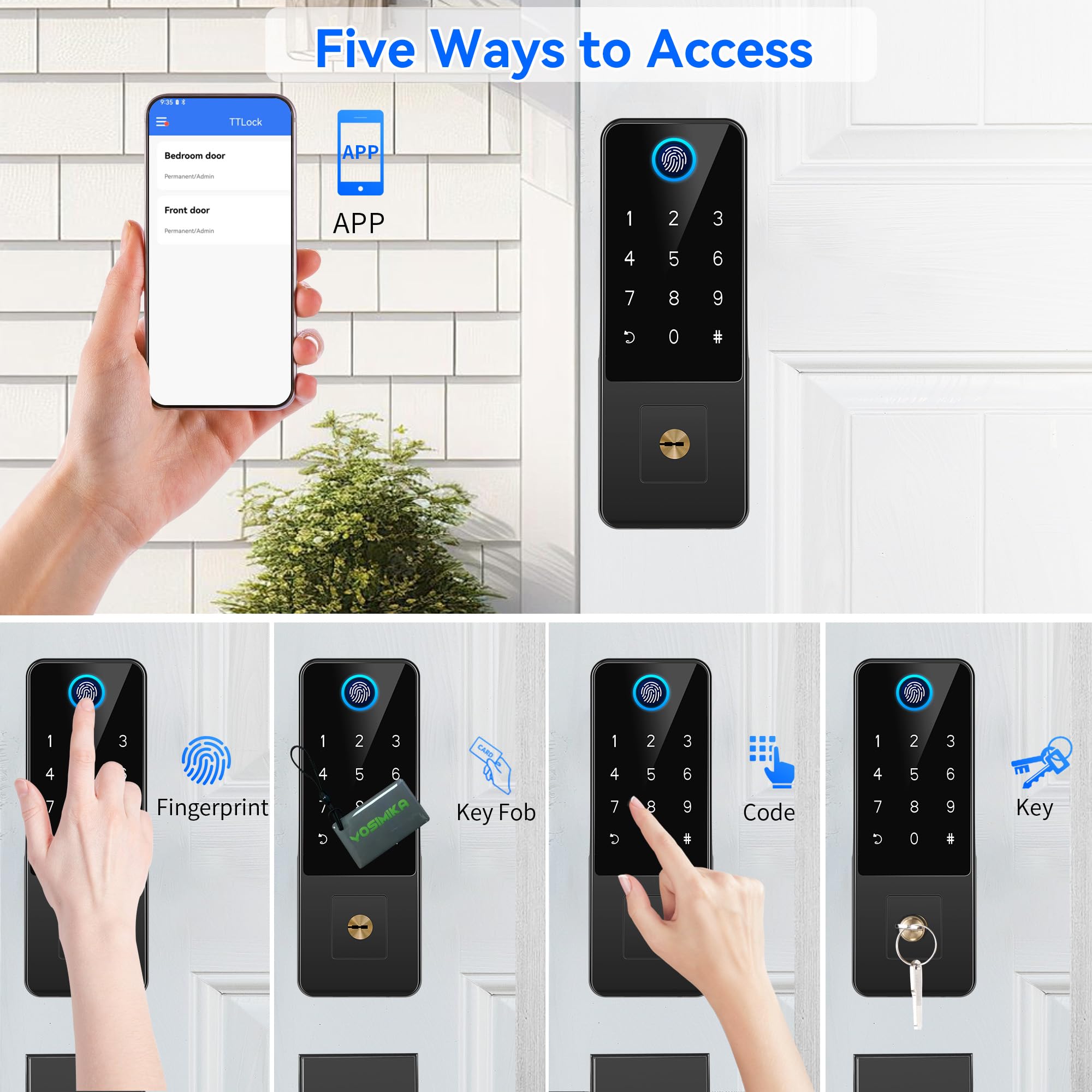 Yosimika Smart Lock For Front Door,5-In-1 Keyless Entry Door Lock Deadbolt,App Controll Keypad Deadbolt Lock With Handle,Smart Digital Code Deadbolt,Black