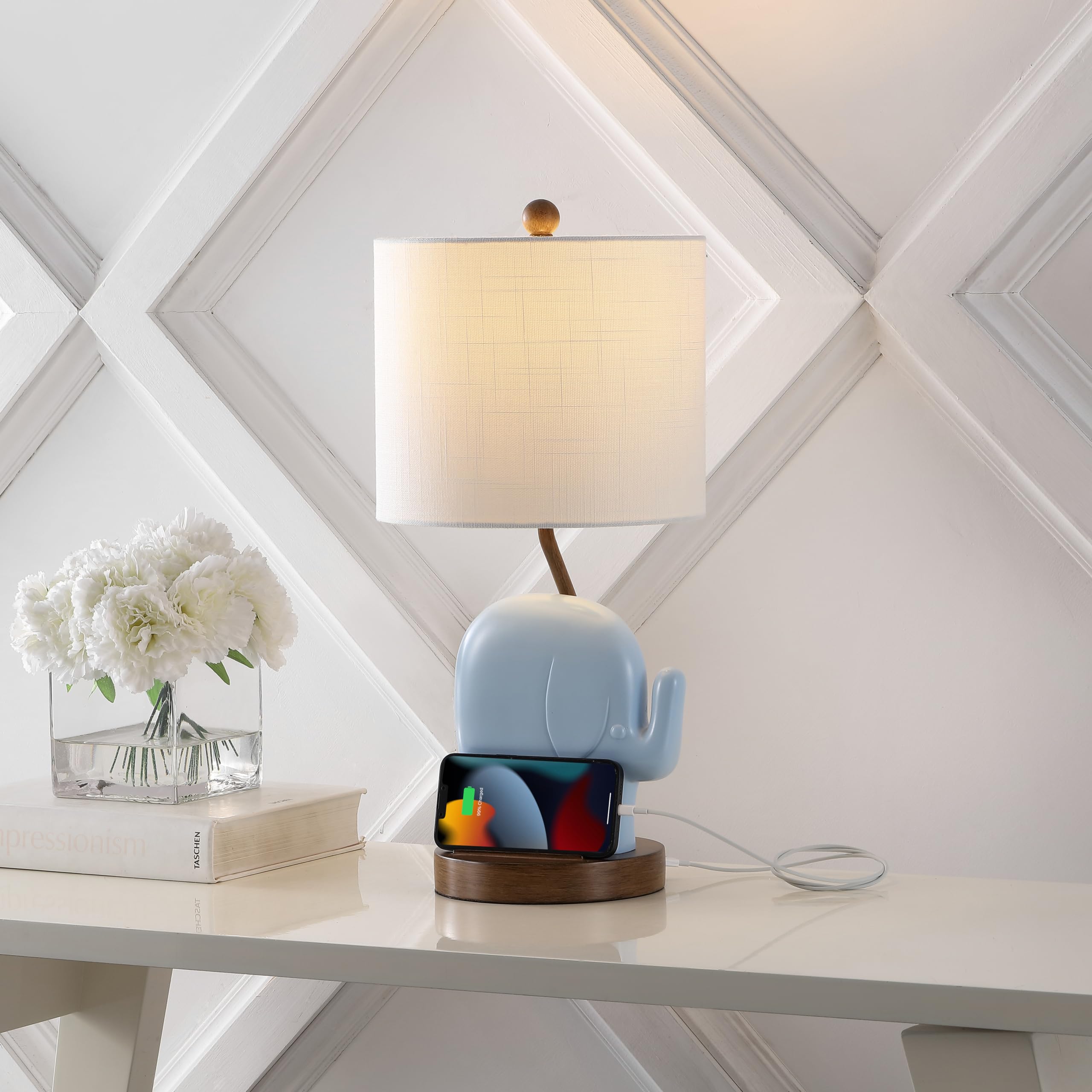 Jonathan Y Jyl6312C Ellie 20.25" Bohemian Designer Iron/Resin Elephant Led Kids Table Lamp With Phone Stand And Usb Charging Port Minimalist, Style, Contemporary, Living Room, Bedroom, Blue