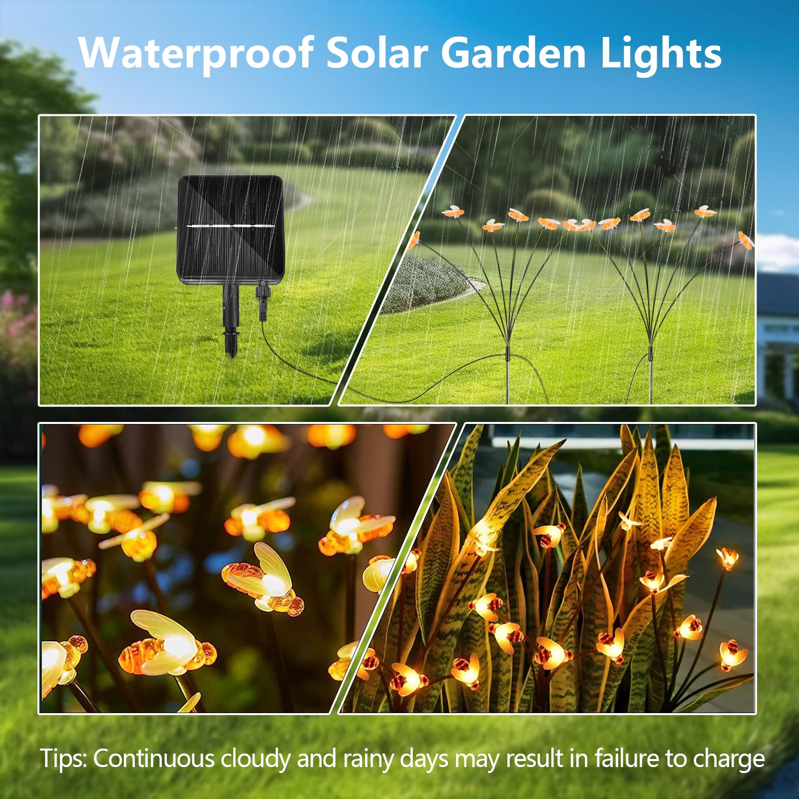 Ifalarila Solar Lights For Outside, [4 Pack] Garden Solar Lights Outdoor Waterproof, Separate 1200Mah Solar Panel Power Daisy Chained To Swaying Bee Lighting With 8 Flash Modes For Yard Pathway Patio