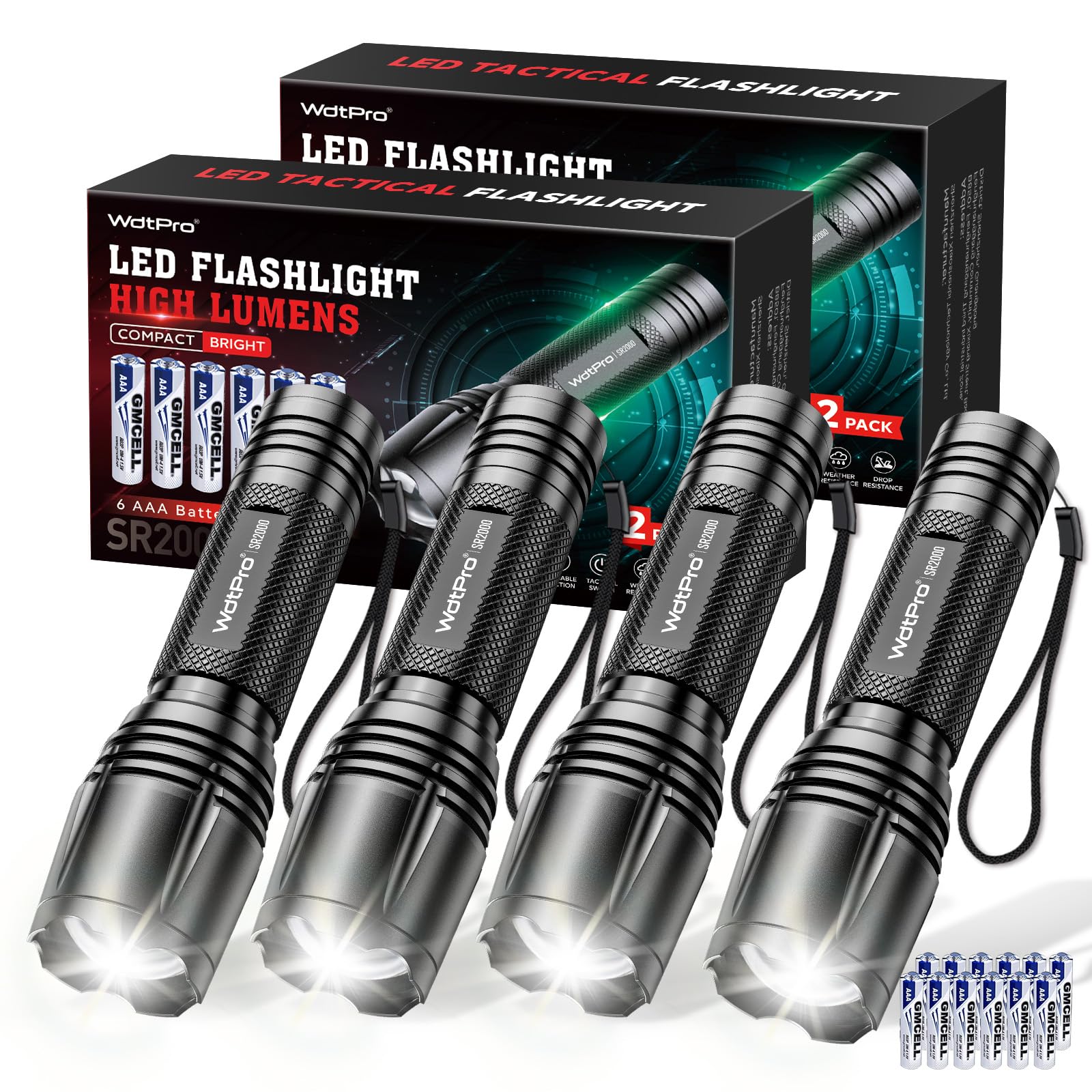 Wdtpro Led Flashlight High Lumens Sr2000 Pro, 4 Pack Brighter Utility Flashlights With 5 Modes & Zoomable, Powerful Mini Flash Light For Emergency, Camping, Hiking (Black)