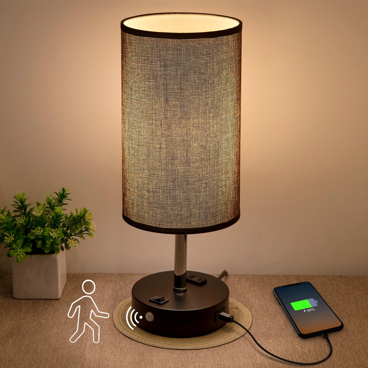 Lifeholder Motion Sensor Usb Lamp With Warm White Bulb, Fabric Shade, Built-In Usb Port & Ac Outlet - Bedside Lamp For Bedroom Or Living Room
