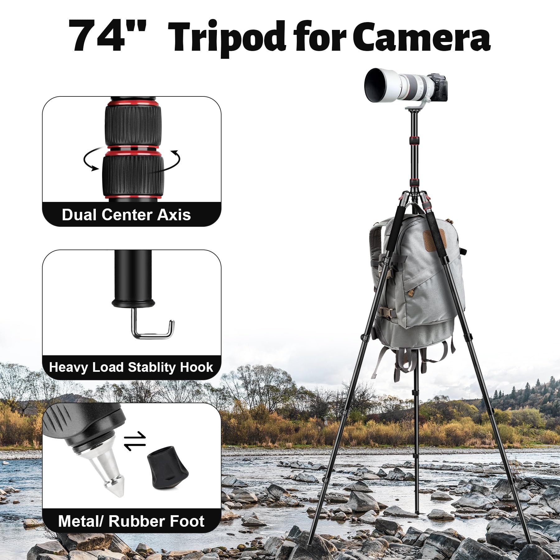 Joilcan Tripod For Camera, 74" Camera Tripods & Monopods, Professional Aluminum Tripod For Dslr Camera Phone, Compatible With 1/4"-20 And 3/8"-16 Video Head, Payload 35Lb