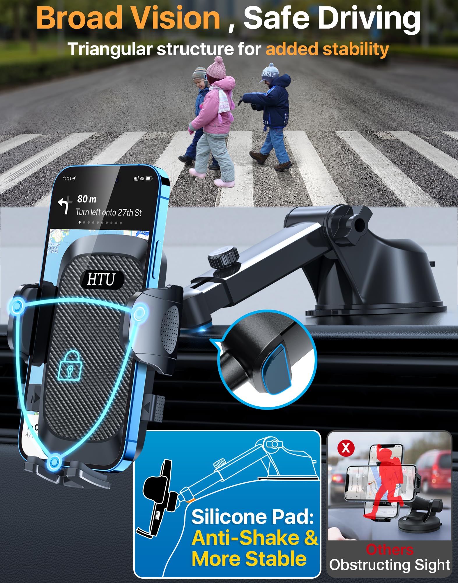 Htu [True Military-Grade] Car Phone Holder【 Stronger Suction & Clip】 Universal Cell Phone Holder For Car Mount For Dashboard Windshield Air Vent For Iphone 16 Pro Max 15 Samsung,Black