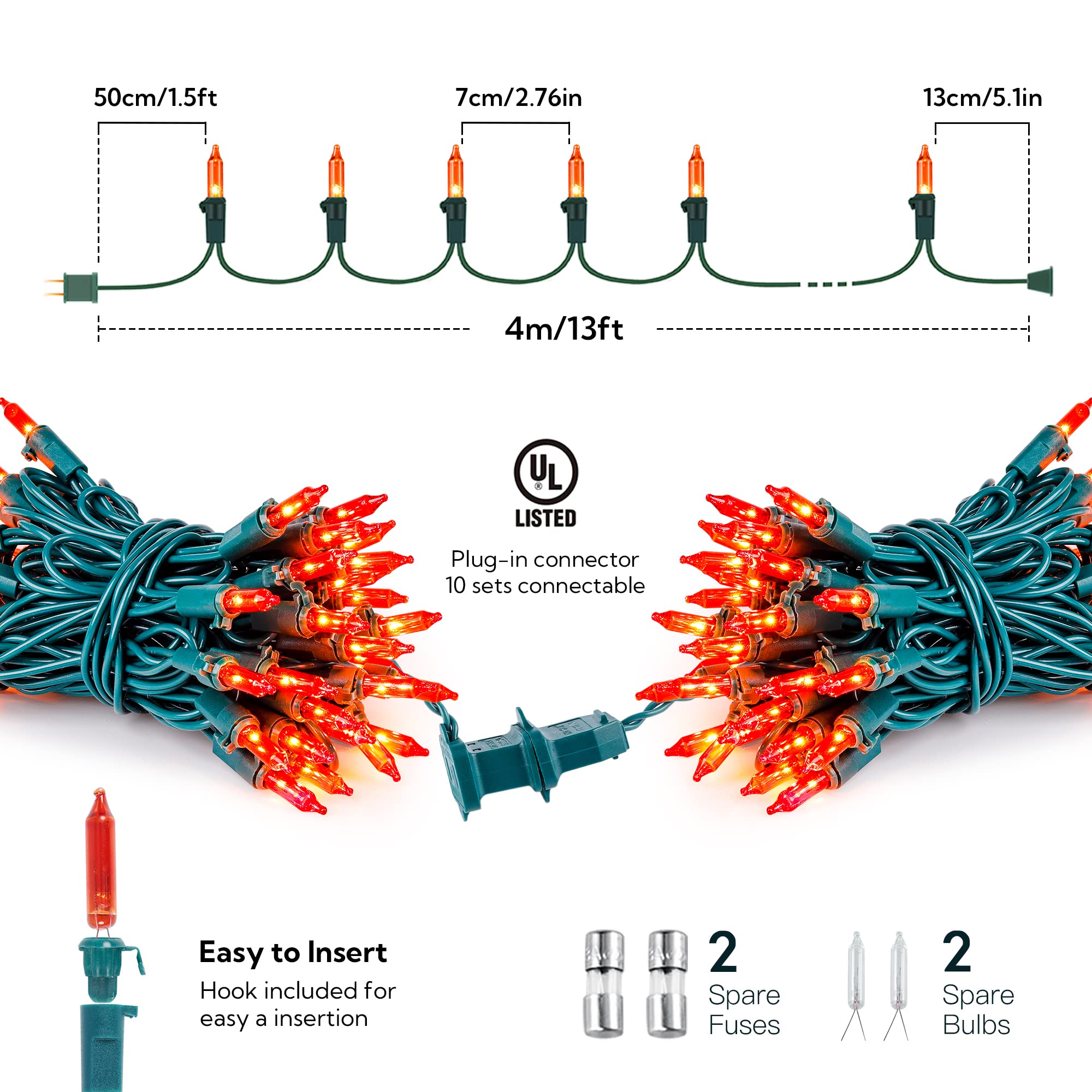 Hopolon Mygoto Orange Thanksgiving Mini Lights, 2Pack 13Feet 50Count Autumn Fall String Lights,Connectable 120V Plug In For Outdoor Indoor Garden Party Halloween Christmas Xmas Tree Lights Yellow Decor