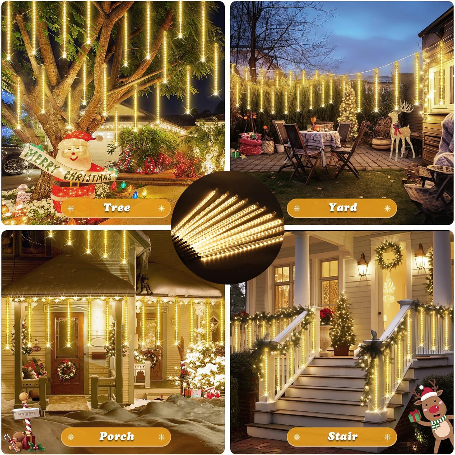 Ygloworm Christmas Lights Outdoor Icicle Lights Meteor Shower 20 Inches Rain Light For Tree Courtyard Garden Porches Window,Wedding Party, Warm White 10 Tubes 480 Led