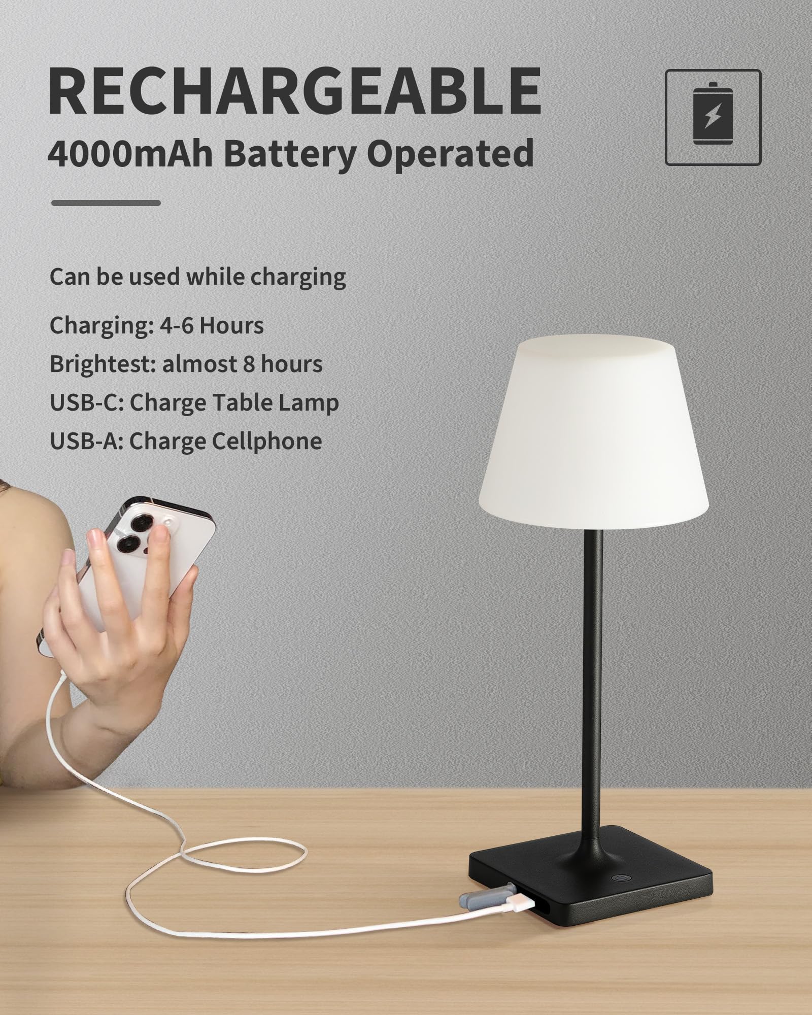 Newsee Cordless Portable Touch Table Lamp Waterproof Set Of 2, 4000Mah Rechargeable Battery Powered Dimmable Led Desk Lamps, Modern Baby Night Light For Bedroom, Restaurant, Bathroom (Black 14.5")
