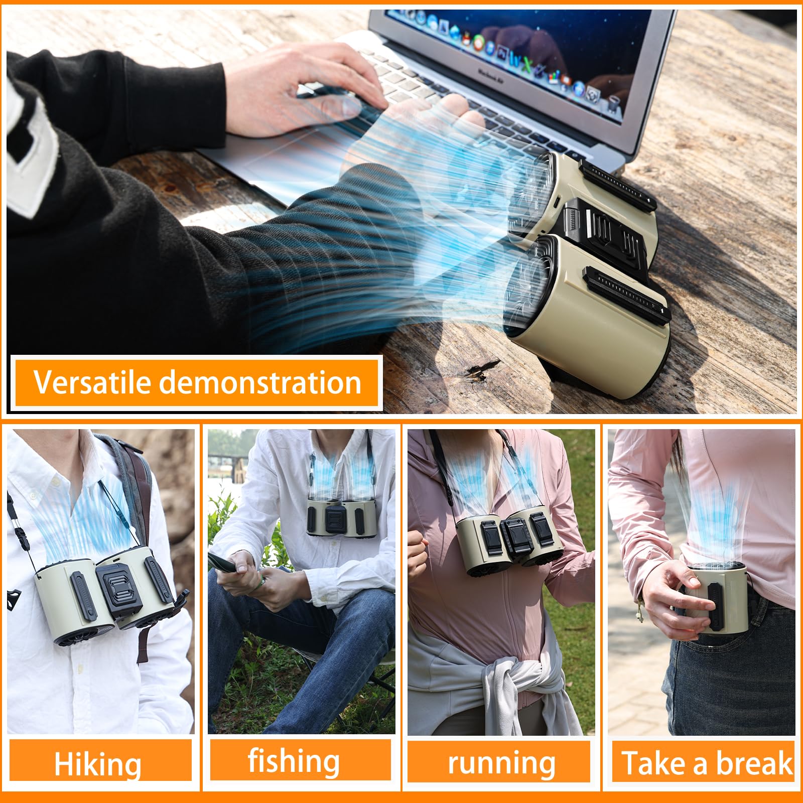 Portable Waist Fan Detachable Double Fan Combination Turbo Technology10000 Mah 5-Speed 13000Rpm Clip