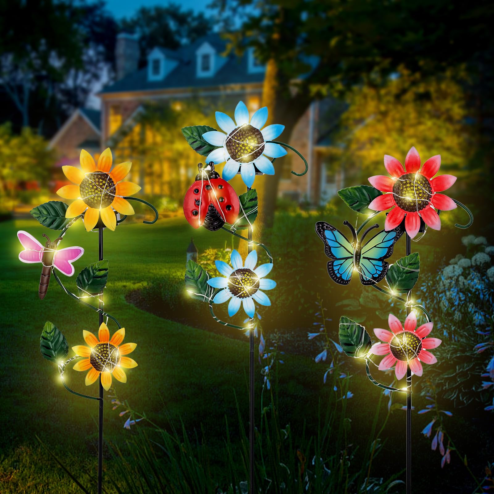 Qipade 3 Pack Solar Garden Light, Sunflower & Insect Metal Solar Stake Lights, Outdoor Statues Figurine Lights For Spring Garden Lawn Patio Yard Decor