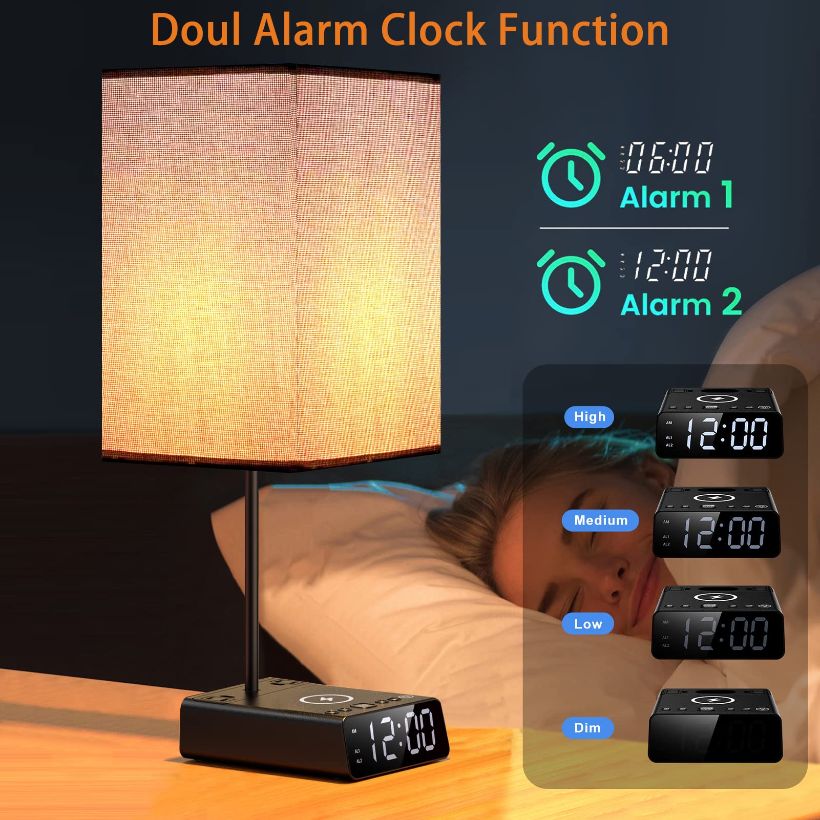 Mindore Bedside Lamp With Usb Ports & Ac Outlets, 15W Wireless Charger Table Lamp With Clock, 3 Way Dimmable Nightstand Lamps For Bedroom Living Room,Touch Lamp With Charging Station,Grey Shade & Black Base