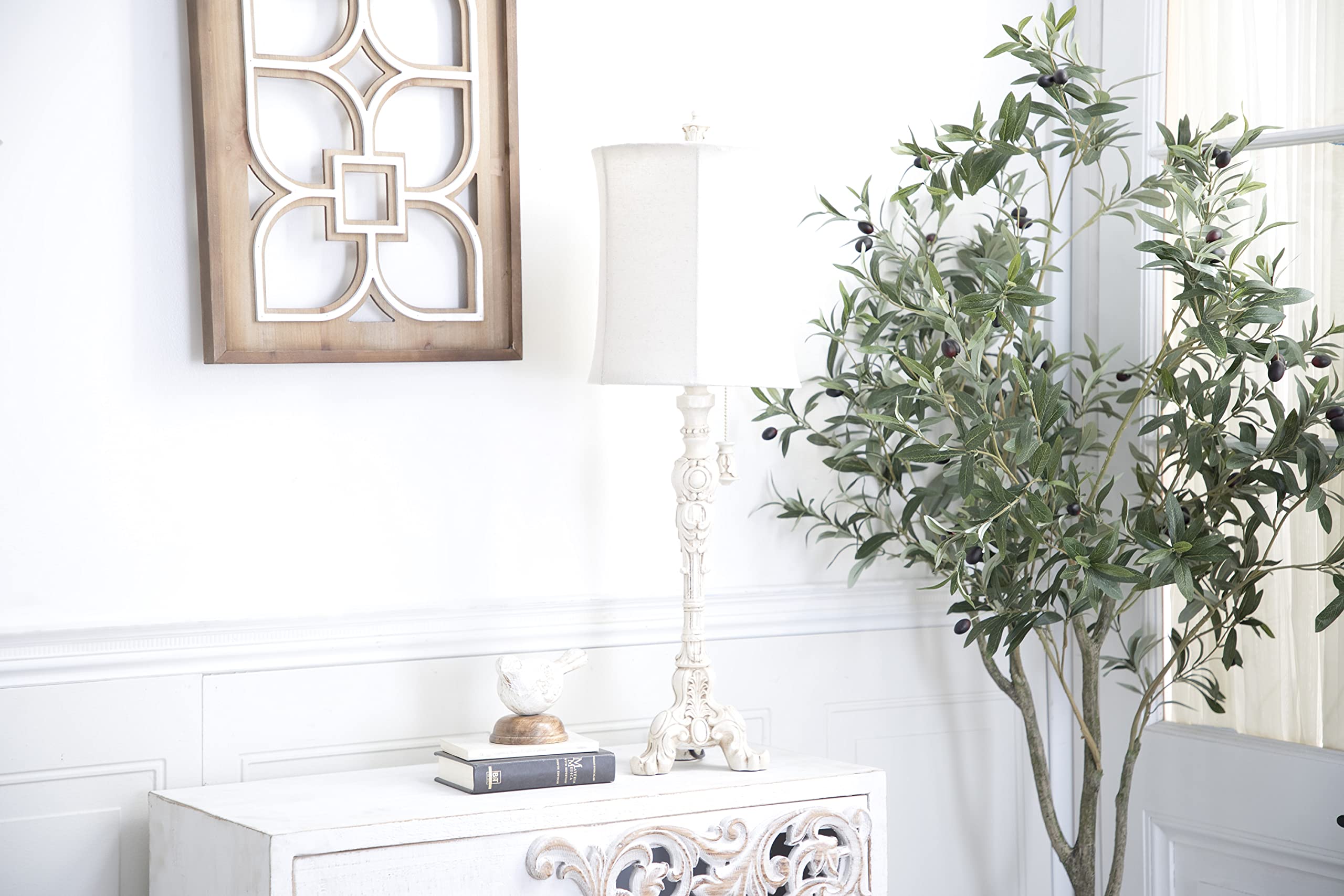 Deco 79 Polystone Room Buffet Lamp Antique Style Table Lamp With Drum Shade, Lamp 7" X 7" X 31", Cream