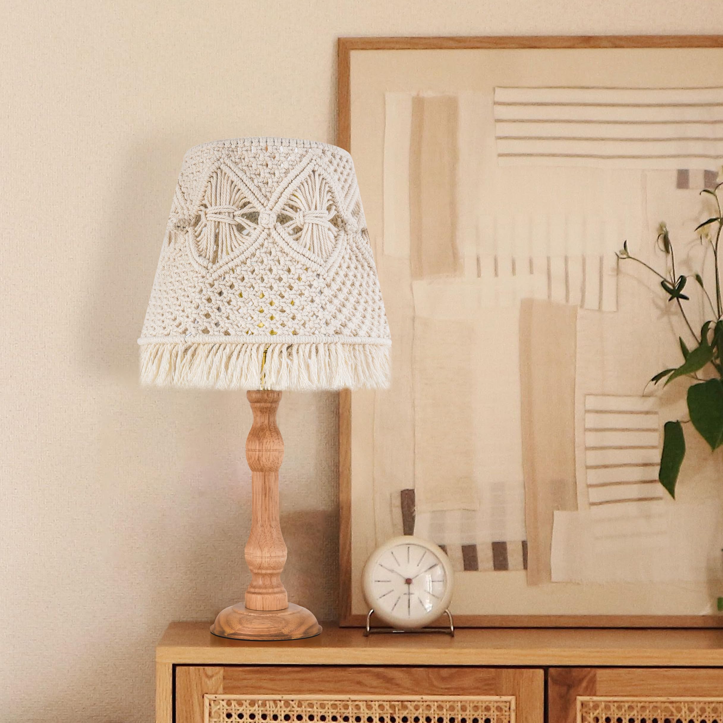 Boxemiya Boho Wood Table Lamp 23In Cute Desk Lamp With White-Ivory Hollow Woven Lampshade - Modern Bedside Or Side Table Lamp For Bedroom,Living Room,And Interior Decoration